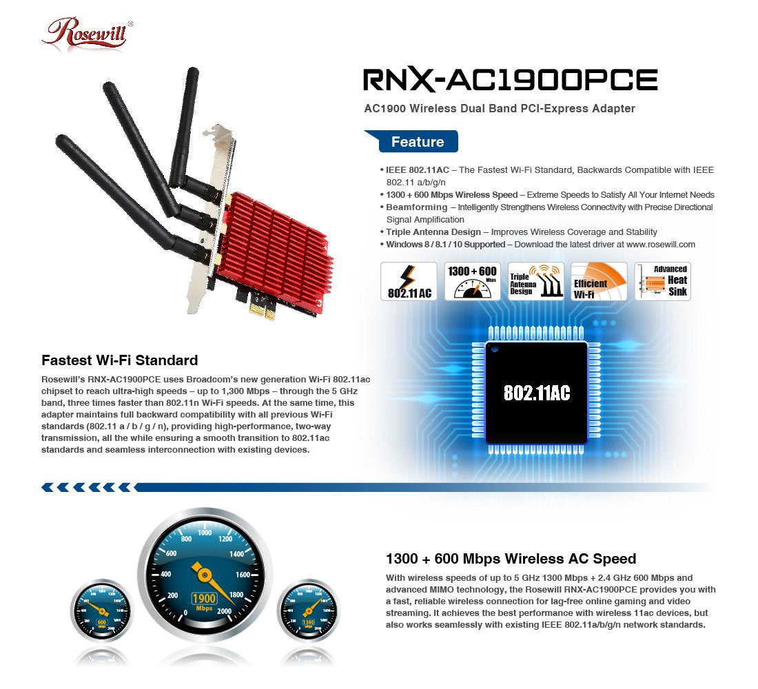 Rosewill Rnx-Ac1900Pce Rnx-Ac1900Pce, 802.11Ac Dual Band Ac1900 Pci Express Wifi Adapter/Wireless Adapter/Network Card, 11Ac 190