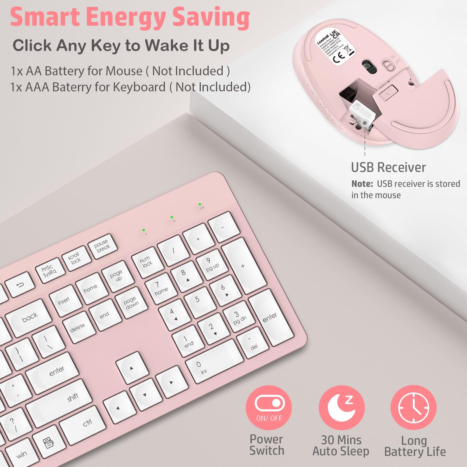 Leadsail Wireless Keyboard And Mouse Combo, Full Sized Ergonomic Computer Keyboard, 2.4Ghz Cordless Keyboard Silent Mouse Set With 2 In 1 Usb Receiver, 12 Fn Shortcuts For Windows Laptop, Pc/Mac Pink