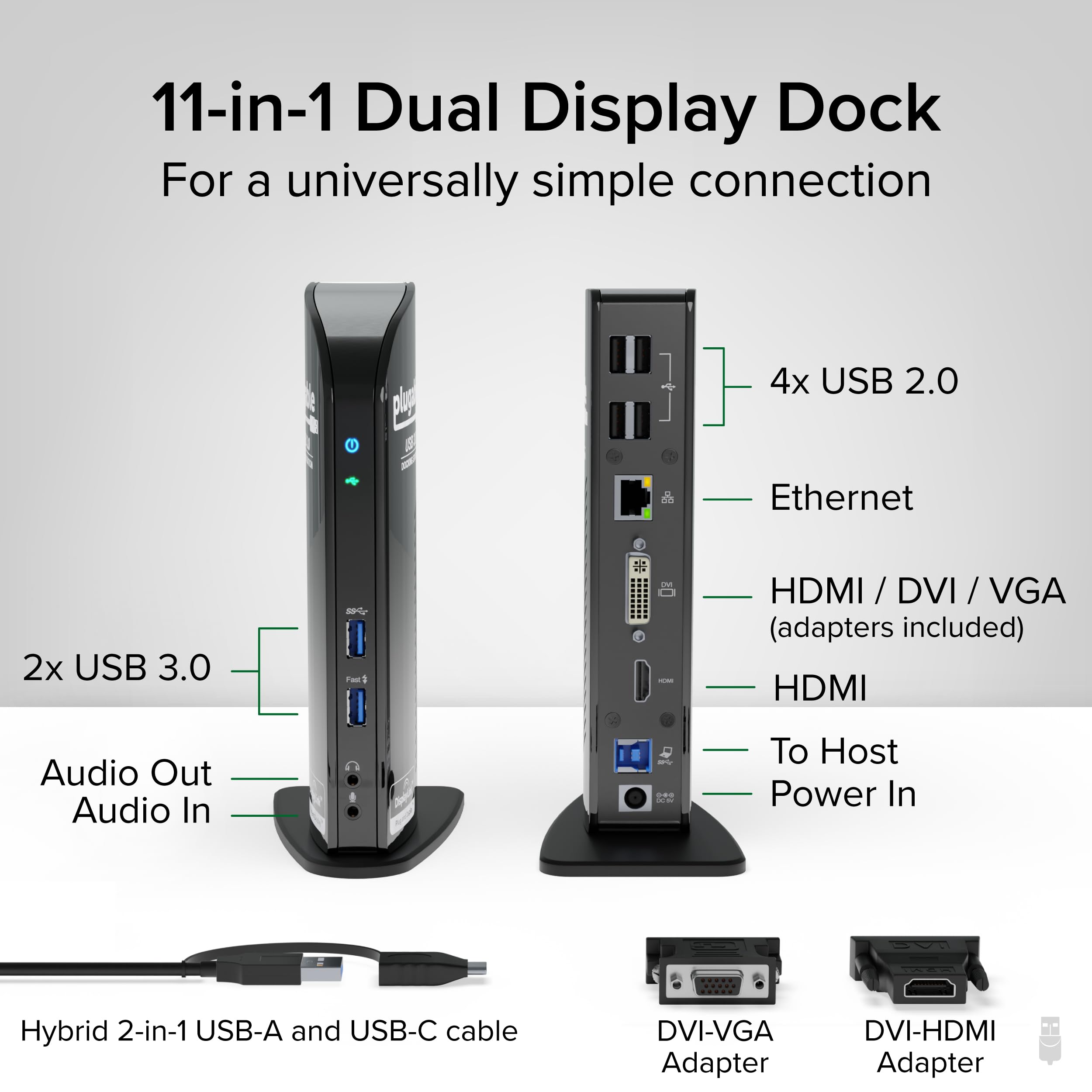 Plugable Usb 3.0 Universal Laptop Docking Station Dual Hdmi Monitor For Windows And Mac, Usb 3.0 Or Usb-C, (Dual Video: Hdmi And