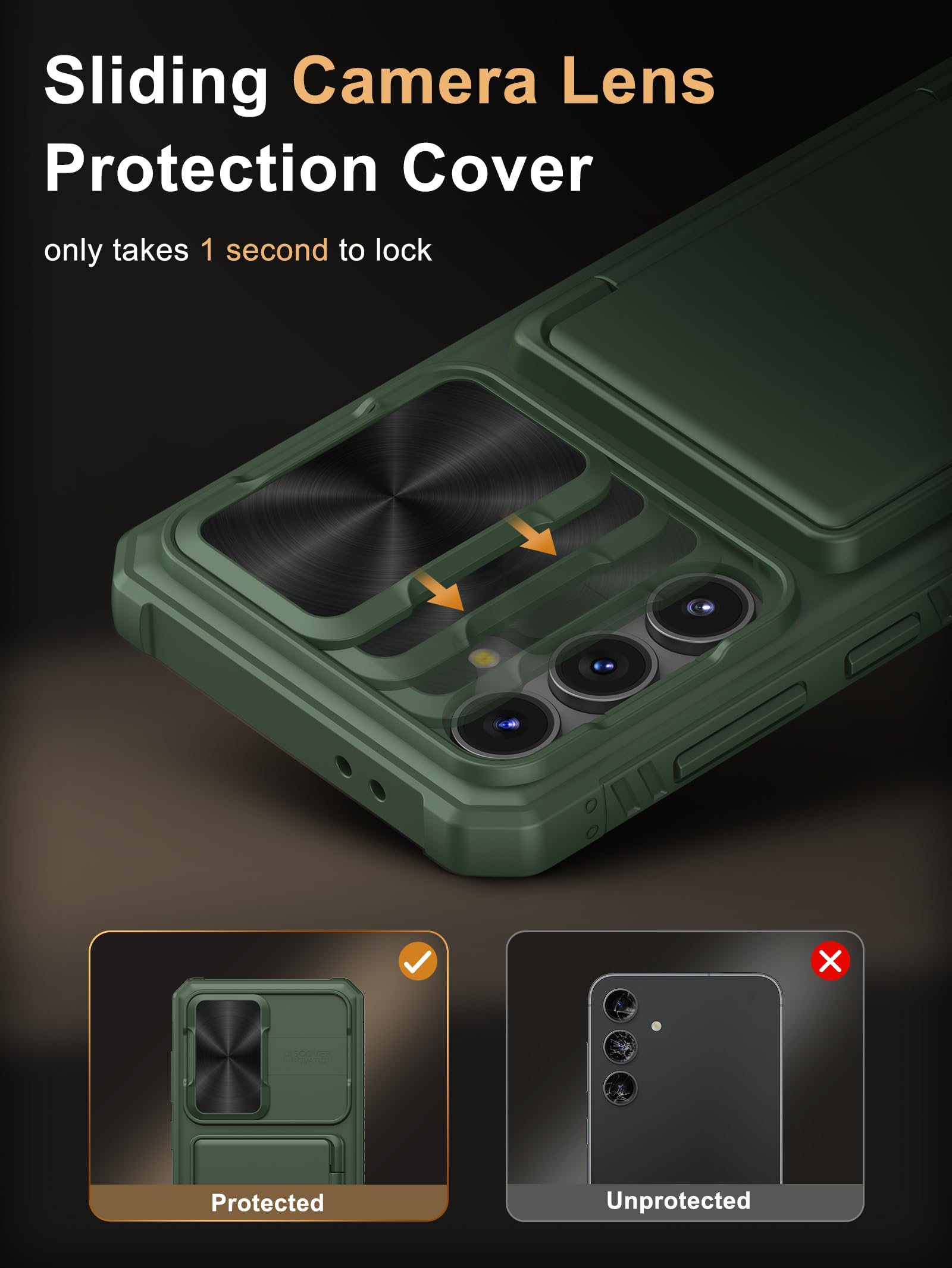 Vihibii For Samsung Galaxy S24 Fe Case With Card Holder (4 Cards) & Slide Lens Cover & Kickstand & Raised Edges Protect Screen,