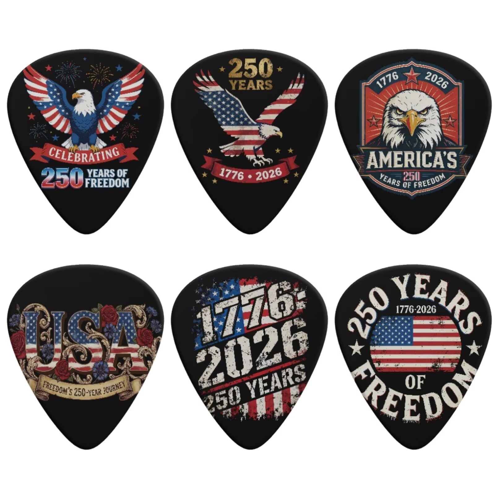 Jeiento 6 Pack Guitar Picks 250 Years Of Freedom US Flag Guitar Picks for Acoustic Guitar, Bass and Electric Guitar (0.96mm) for