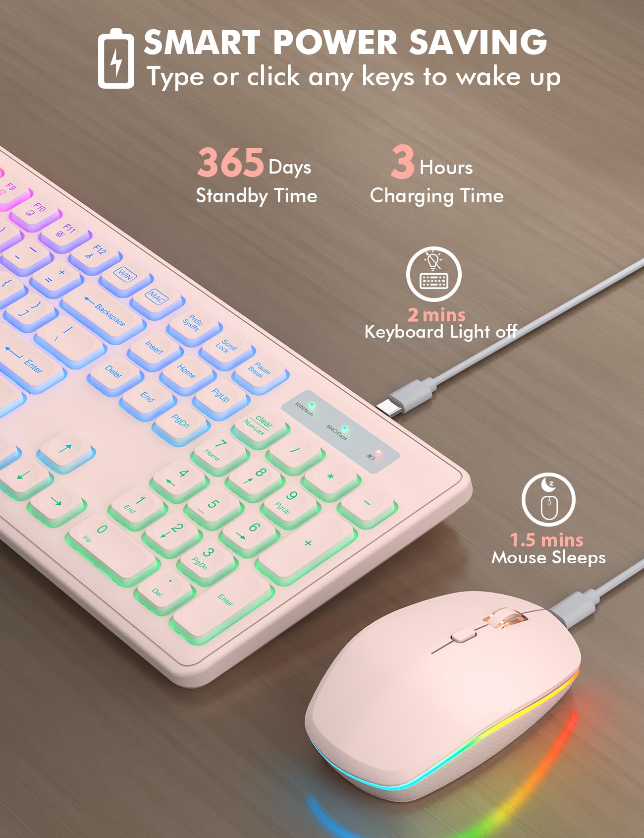 Wireless Keyboard And Mouse Combo   Rgb Backlit, Rechargeable & Light Up Letters, Full Size, Ergonomic Tilt Angle, Sleep Mode, 2.4Ghz Quiet Keyboard Mouse For Mac, Windows, Laptop, Pc, Trueque, Pink