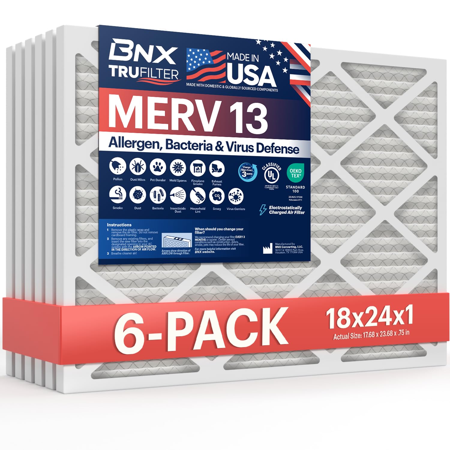 BNX TruFilter 18x24x1 Air Filter MERV 13 (6-Pack) - MADE IN USA - Electrostatic Pleated Air Conditioner HVAC AC Furnace Filters 