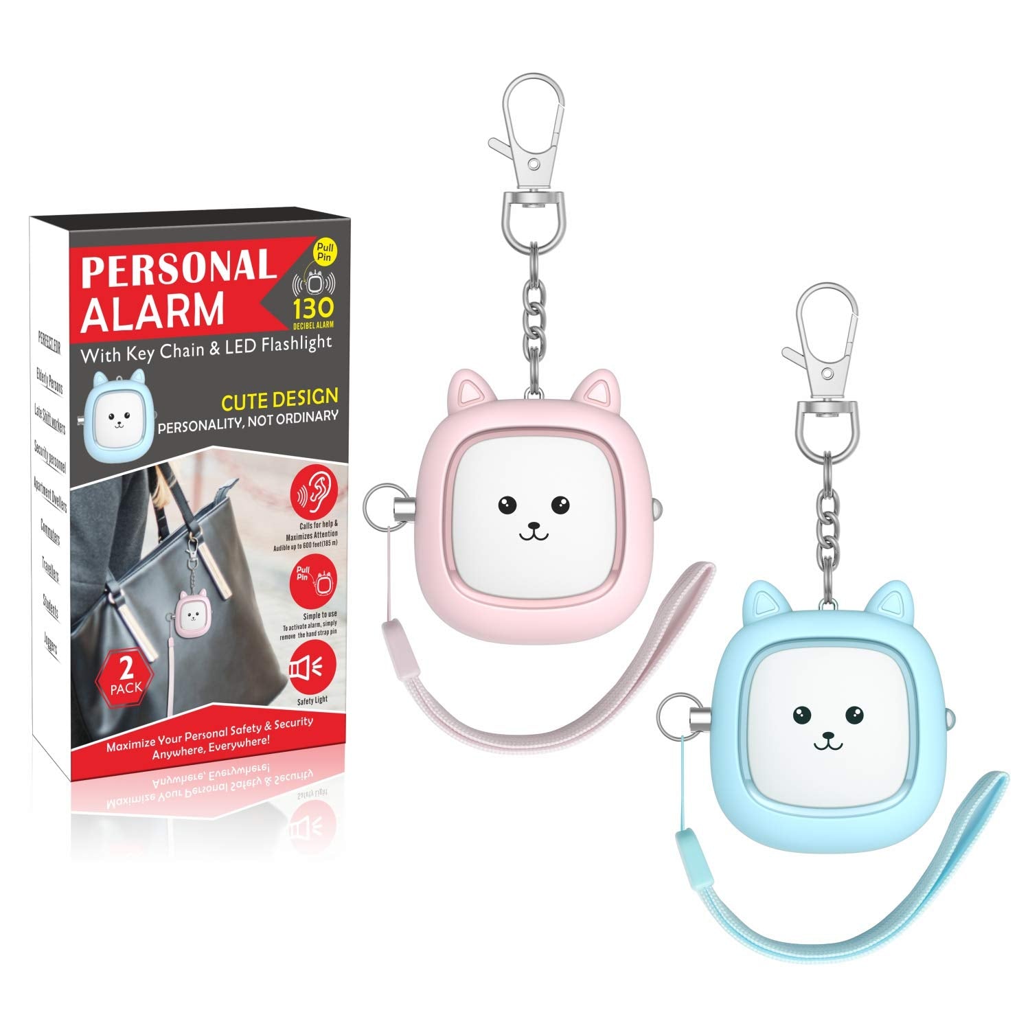 Safe Sound Personal Alarm, Vigoroad 2 Pack 130 Db Loud Siren Song Emergency Security Alarm Keychain With Led Light, Personal Sou