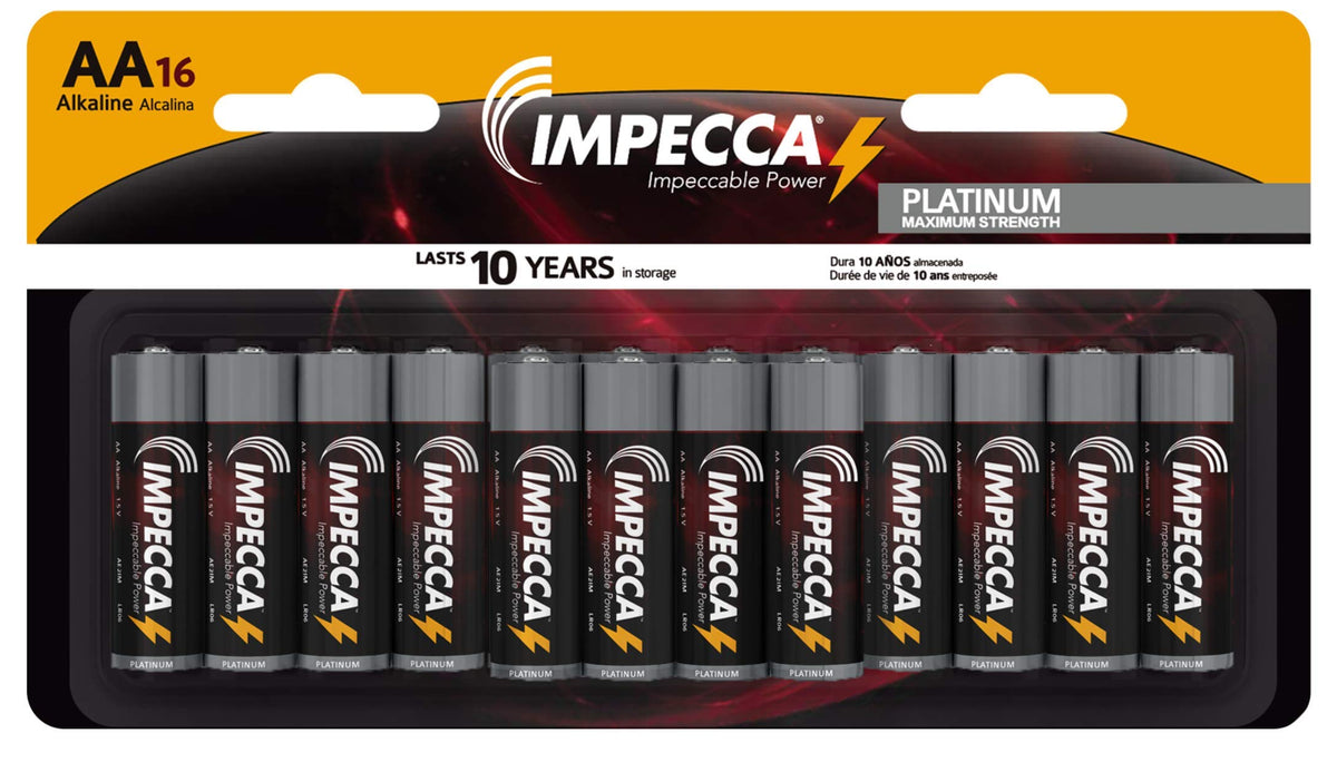 Impecca Aa Batteries 16 Pack Alkaline High Performance, Long Lasting, And Leak Resistant Aa Battery, Lr6, Platinum Series