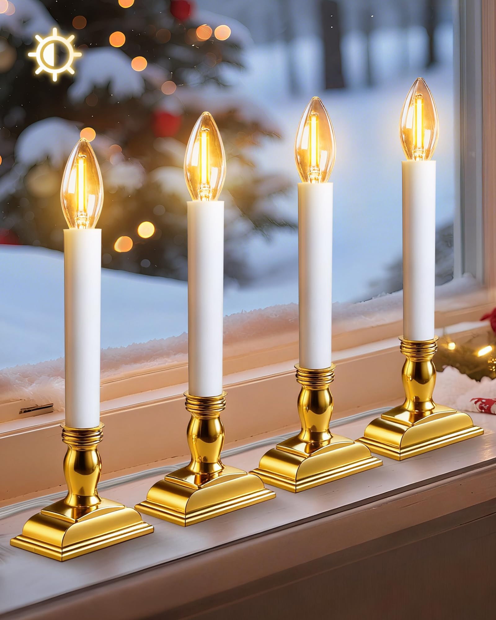otnofok Window Candles with Sensor Dusk to Dawn Electric Corded, 9.6 Plug-in LED Window Candle Lights with Gold Holder and 6ft