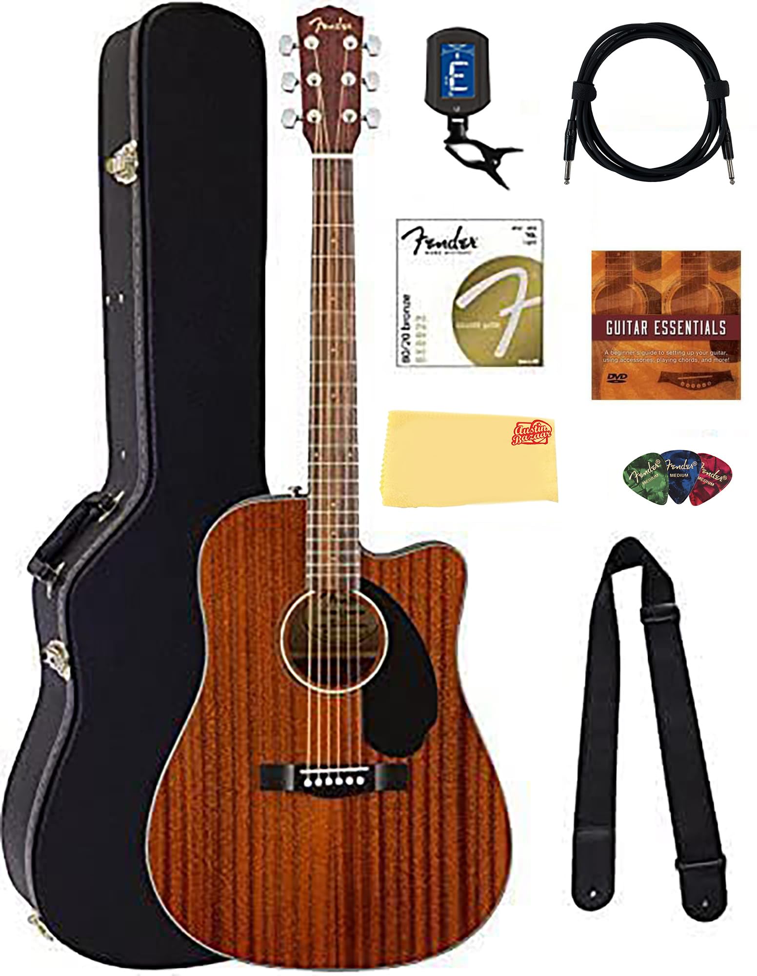 Fender CD-60SCE Solid Top Dreadnought Acoustic-Electric Guitar - All Mahogany Bundle with Hard Case, Tuner, Instrument Cable, St