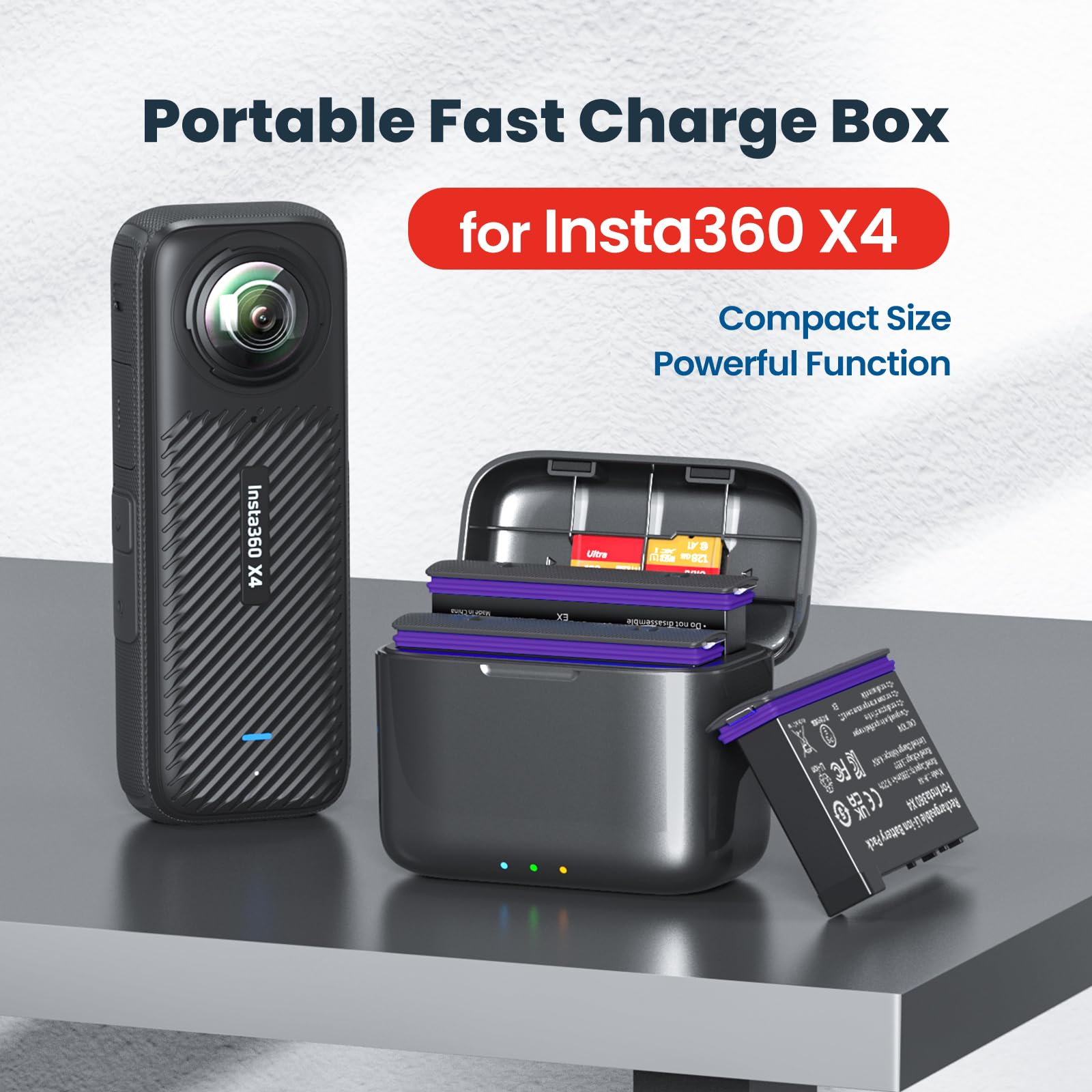 Rszfnjxry Fast Charge Hub With Batteries(2 Packs) Campatible With Insta360 X4,Quick Portable 2 Channel Battery Charge Storage St