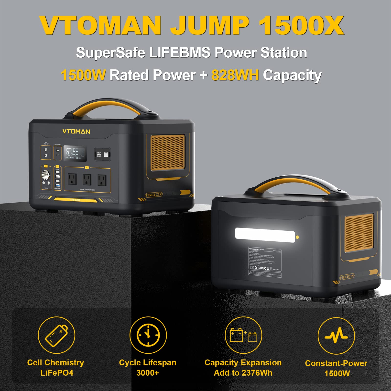 Vtoman 2376Wh Portable Power Station Bundle With Extra Battery & 200W Solar Panel Included, Up To 3000W Solar Generator For Home
