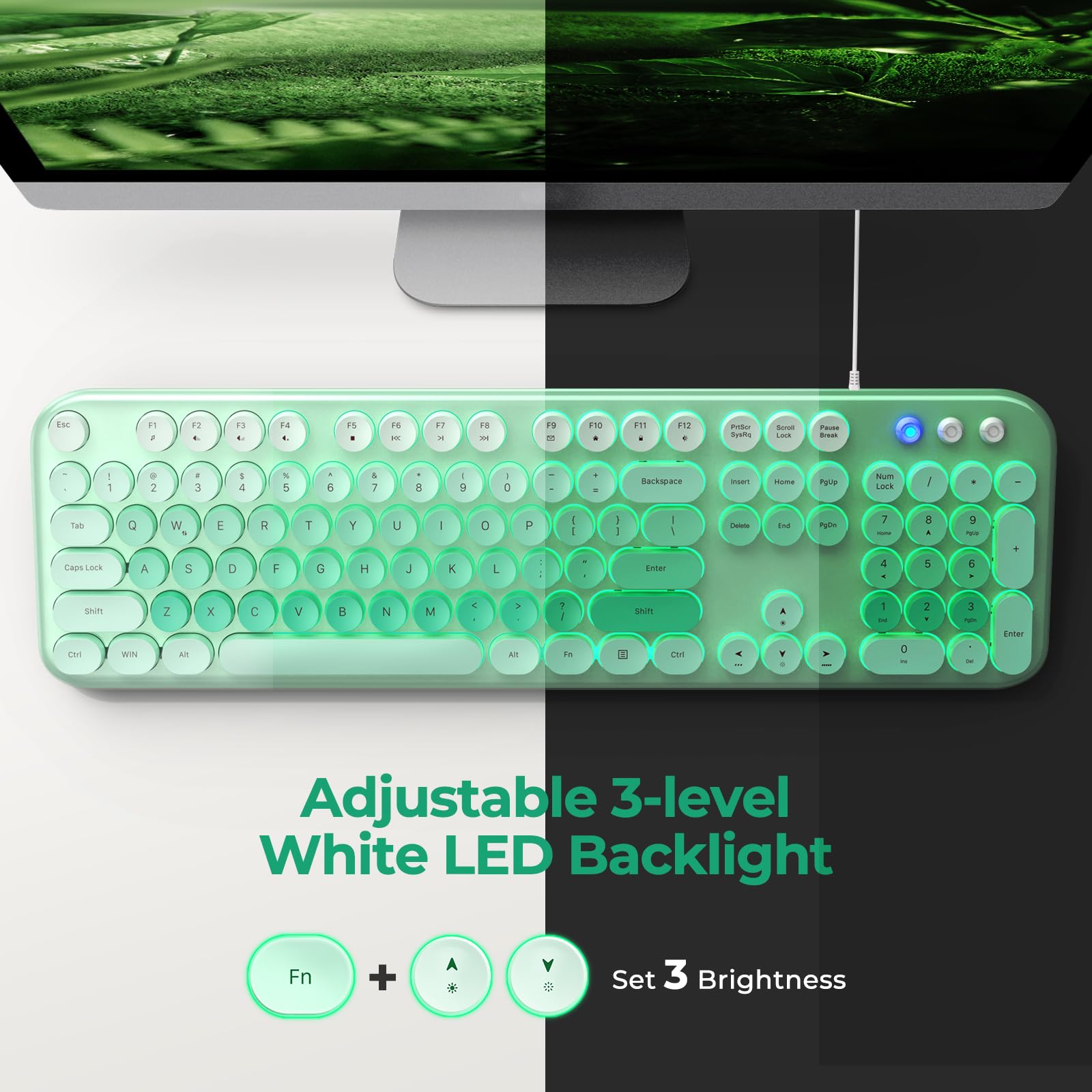 Atelus Wired Backlit Keyboard, Full Size Usb Keyboard With Colorful Retro Keycaps, Numeric Keypad And Media Hotkey For Computer