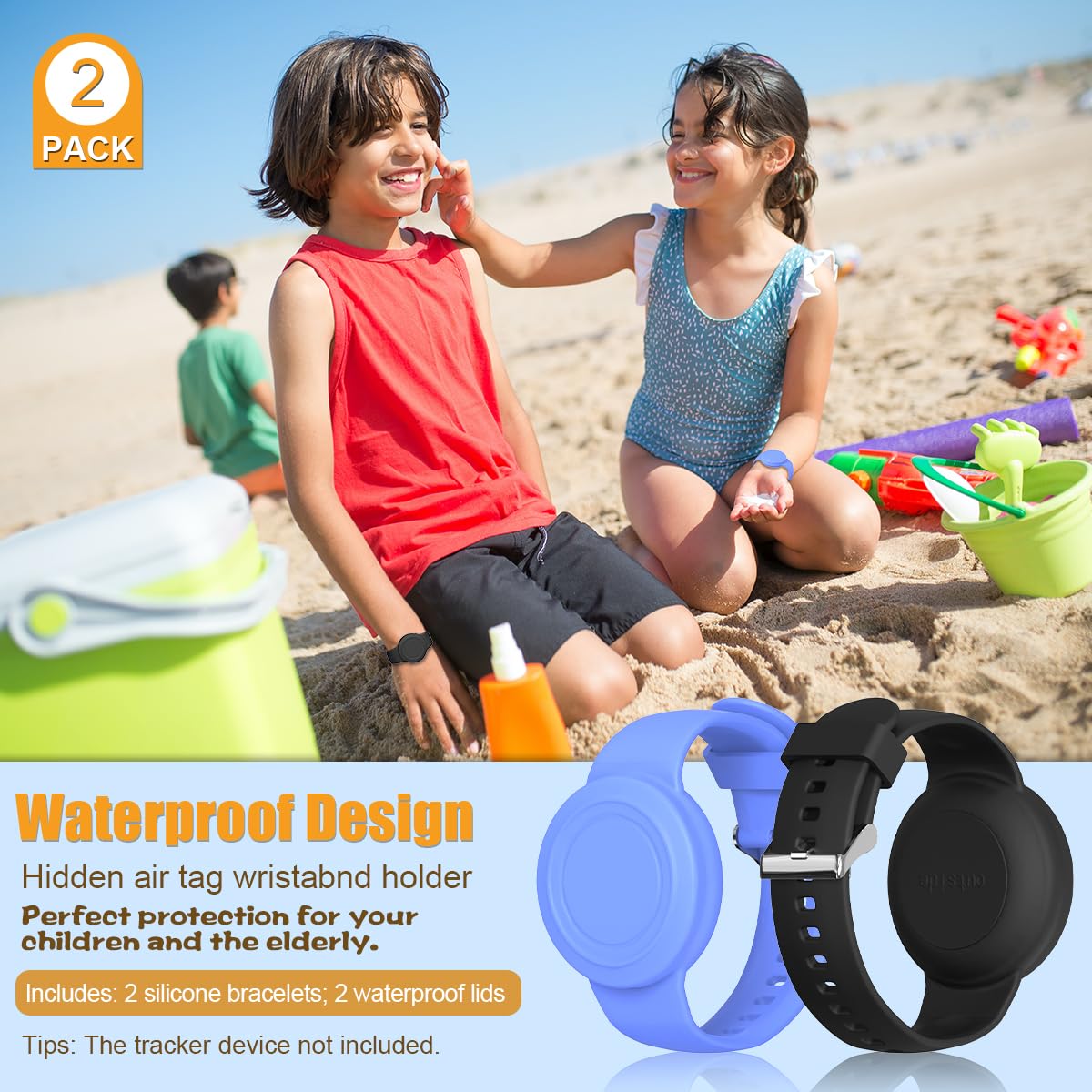 AIBEAMER 2-Pack AirTag Bracelet for Kids, Waterproof Soft Silicone Holder, Full Coverage Design, Black & Blue