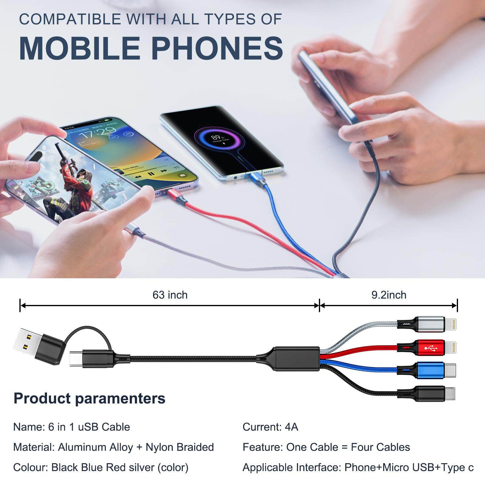6 In 1 Multi Charging Cable 2Pack 6Ft Multi Usb Cable 3A Multi Charger Cable Braided Multiple Phone Charger Cable Universal Usb