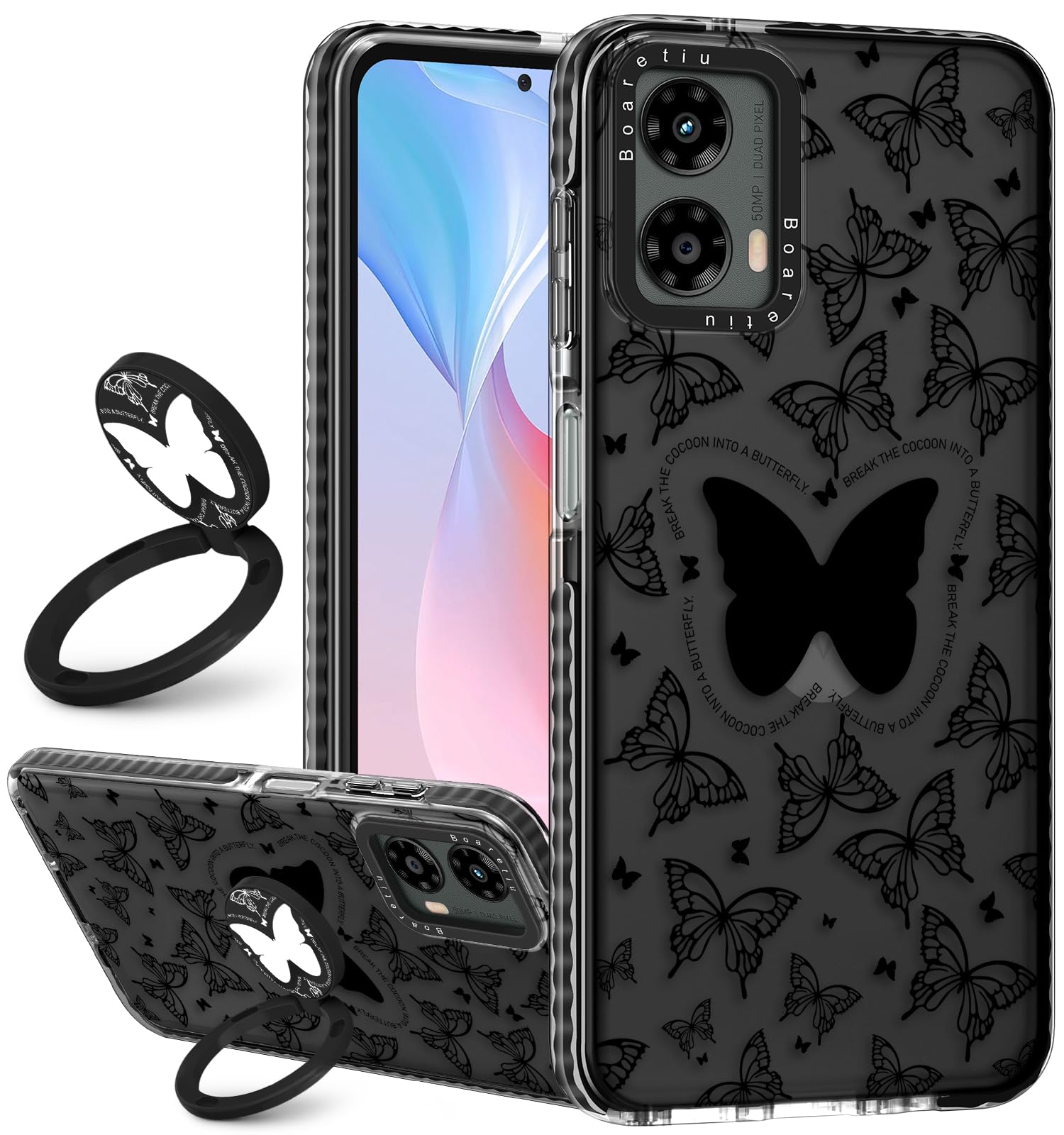 Boaretiu for Motorola Moto G 2025 Case - with Stand Cute Kawaii Fashion 360 Rotate Ring Holder Kickstand Retro Flower for Women 