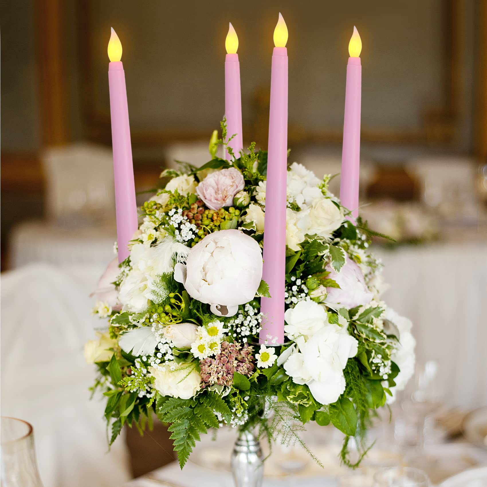 Ni Jasw Pink Flameless Taper Candles With Remote, Flickering Battery Powered Led Candlesticks Set Of 4