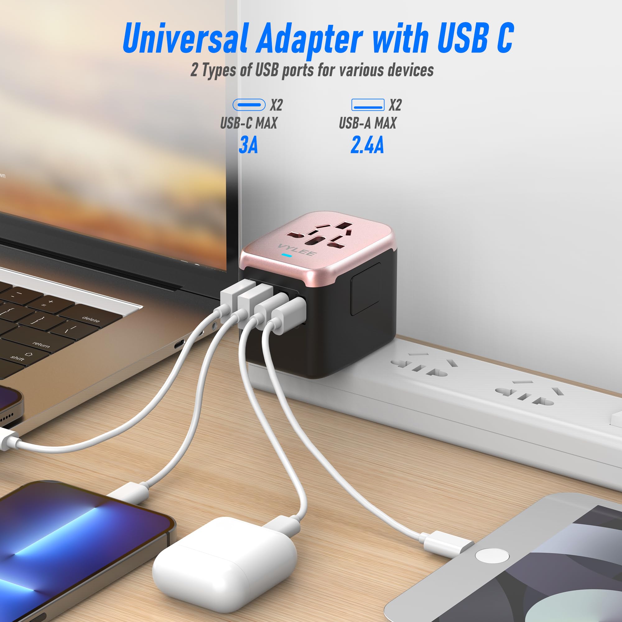 Universal International Power Travel Plug Adapter, 5 In 1 European Travel Plug Adapter W/ 3.5A 2Xusb A And 2Xusb C Wall Charger