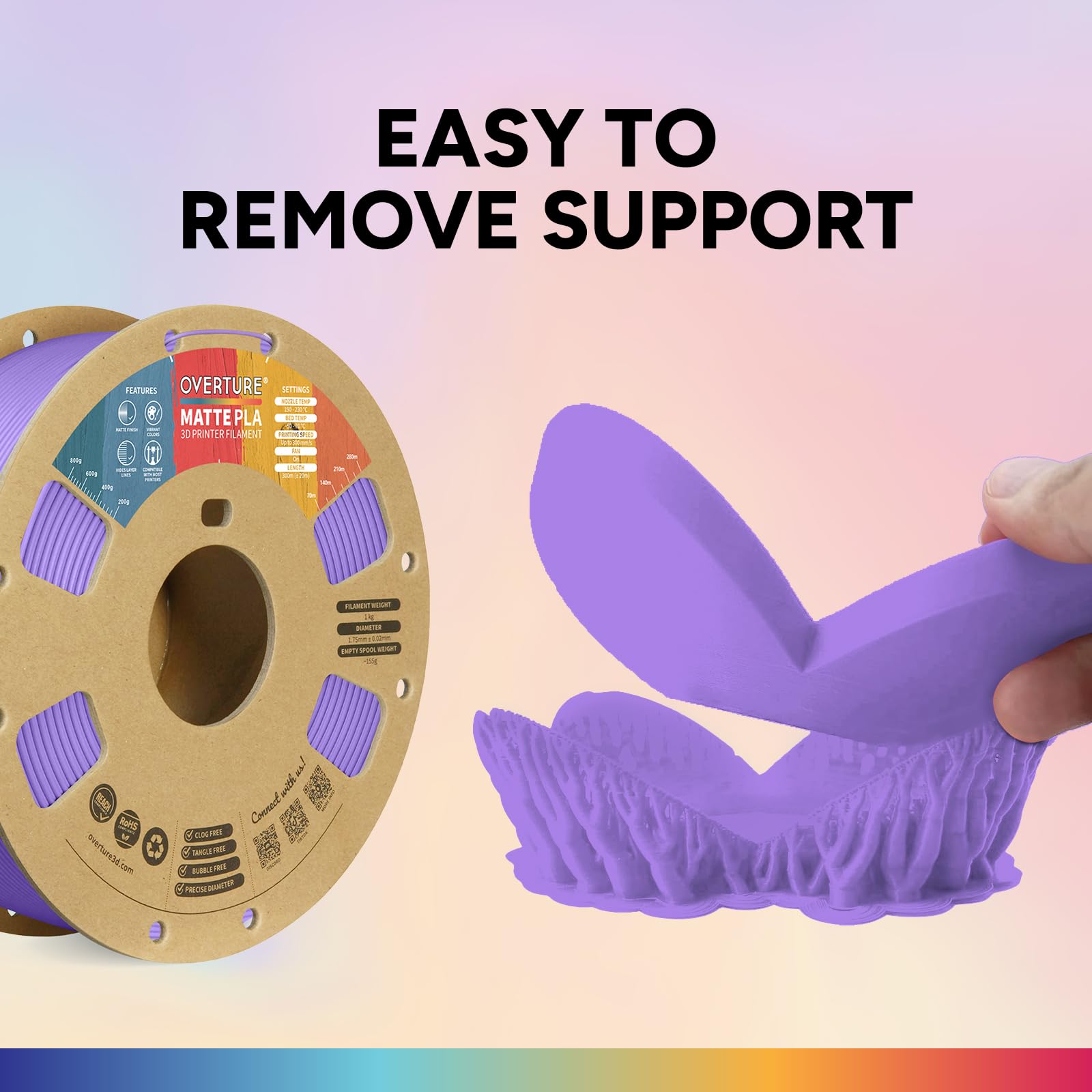 Overture Pla Matte Filament 1.75Mm, Matte Pla Roll 1Kg Cardboard Spool (2.2Lbs), Dimensional Accuracy +/  0.03 Mm, Fit Most Fdm