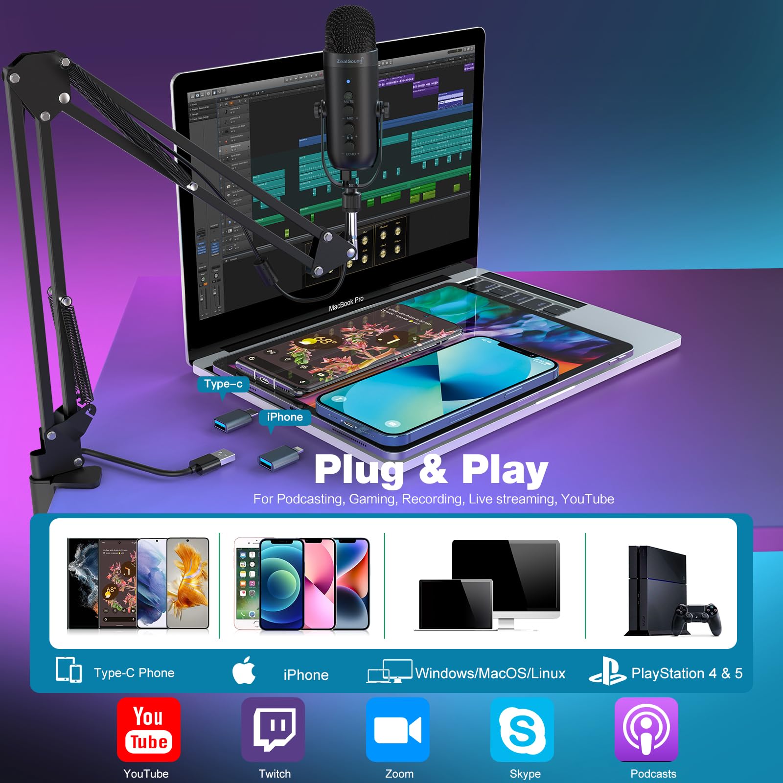 Zealsound Gaming Microphone Kit,Podcast Condenser Usb Mic With Boom Arm,Supercardioid Microphone With Mute Button,Echo Volume Ga