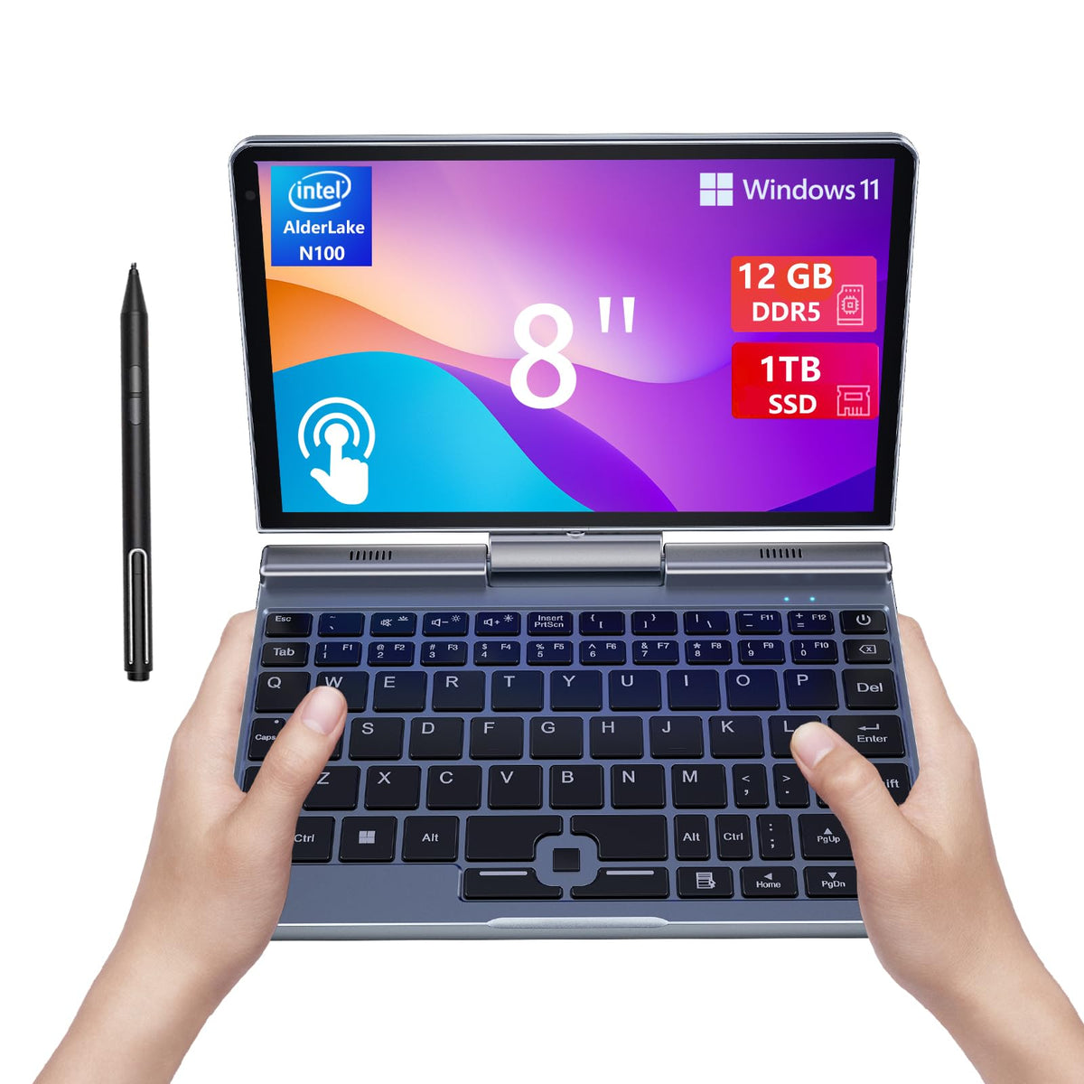 Mini Laptop 8 Inch Hd Touchscreen Portable 2 In 1 Computer, Windows 11 Pro Small Gaming Laptop,Intel N100 12 Gb Lpddr5 1 Tb M.2
