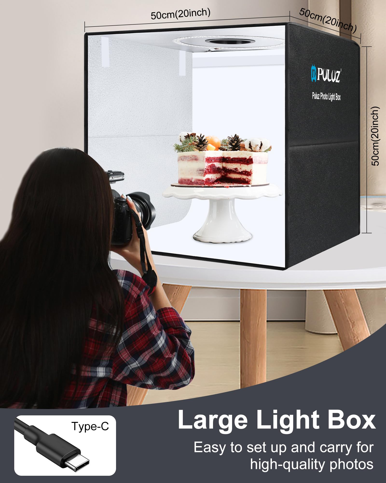 Puluz Light Box For Product Photography, 20''X20'' Portable Photo Studio Large Photo Booth Lightbox Jewelry Food Photography Pic