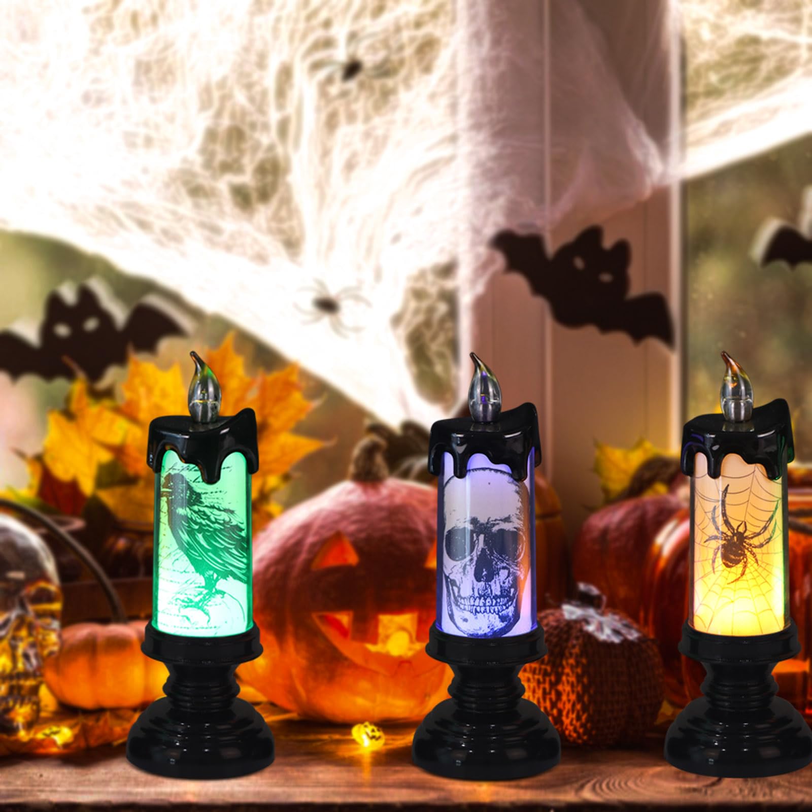 Dromance Halloween Flameless Flickering Candle Lights With Remote Timer, Battery Operated Led Candle Lamp Spooky Skull Crow Spid