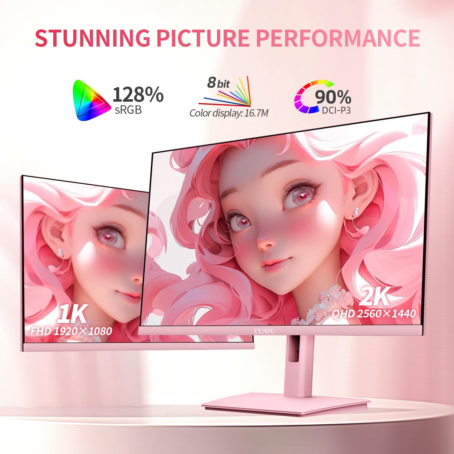 Cunpu 27 Inch Pastel Pink Gaming Monitor Qhd 2560X1440 180Hz 1Ms Gtg Fast Ips Computer Monitor, 90% Dci P3, Adaptive Sync, Built