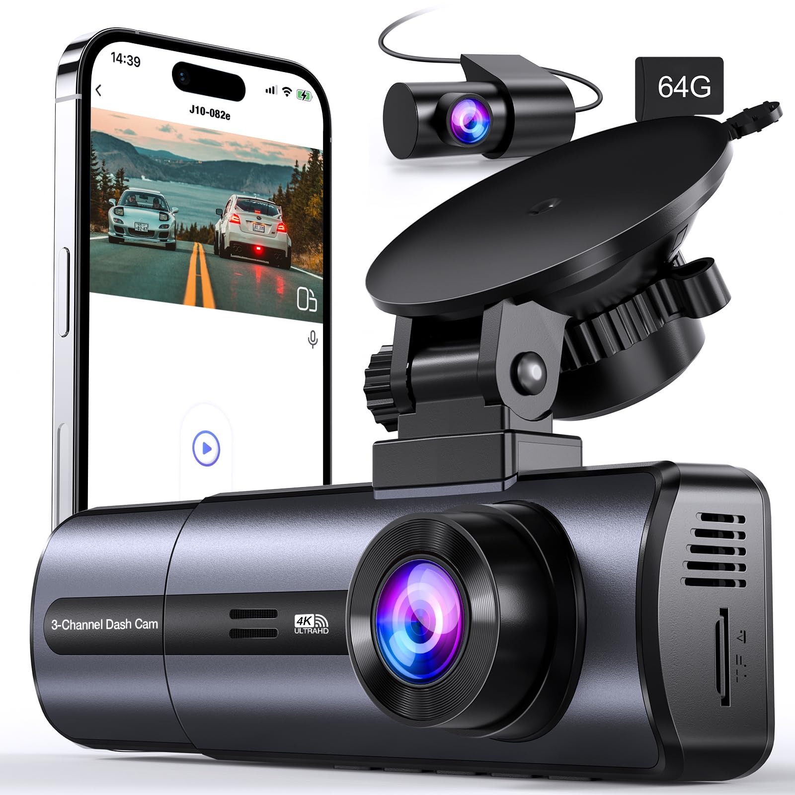3 Channel 4K Dash Cam With 5Ghz Wifi & App Control, 4K/2.5K+1080P+1080P Front Inside And Rear, Triple Dash Camera With 64Gb Card