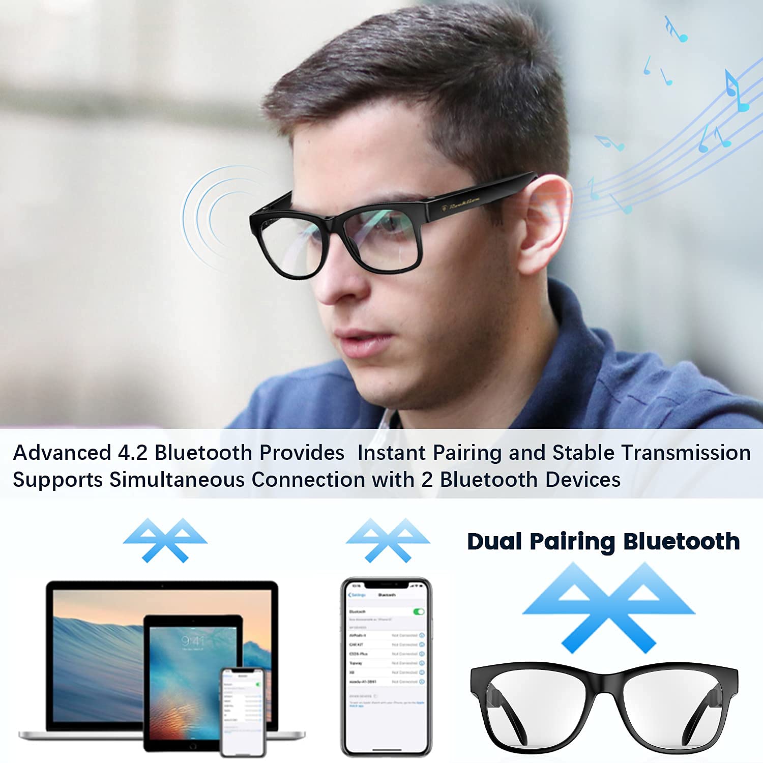 Qztelectronic Bone Conduction Glasses, Open Ear Headphones Bluetooth, Photochromic Sunglasses Anti Blue Ray, Ip6 Waterproof Audi