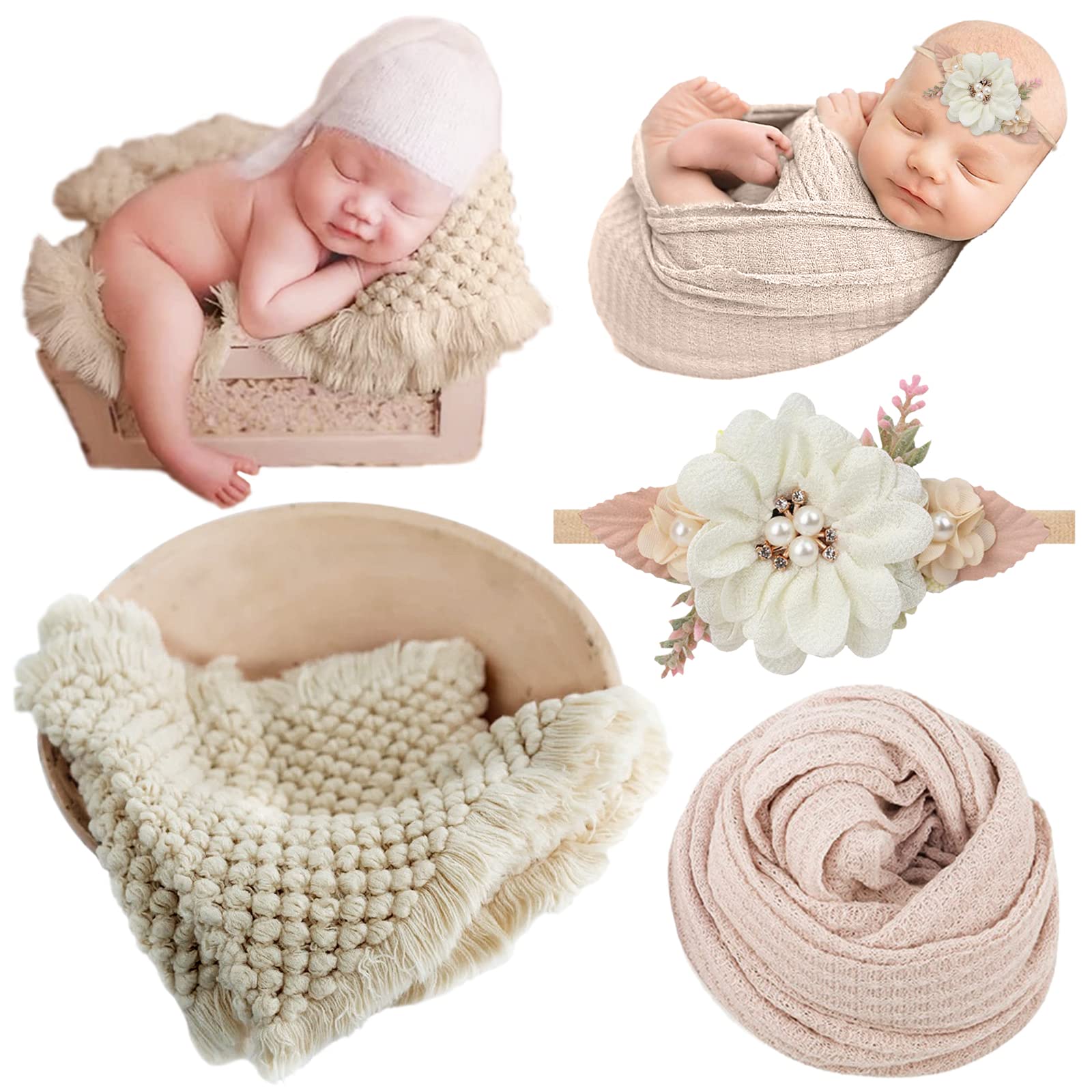 Spokki 3 Pcs Newborn Photography Props Outfits Set, Knitted Blanket For Baby Photo Props, Beige Elastic Wrap For Photoshoot, Flo