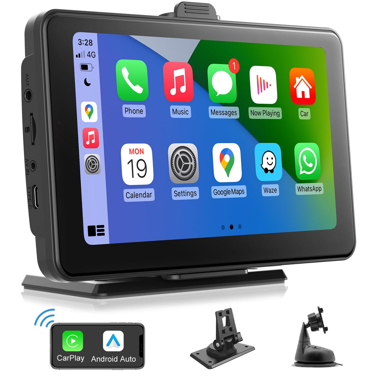 Cogamichi Portable Car Stereo With Apple Carplay&Android Auto, 7 Inch Hd Ips Touch Carplay Screen For Car Plug In, Wireless Carp