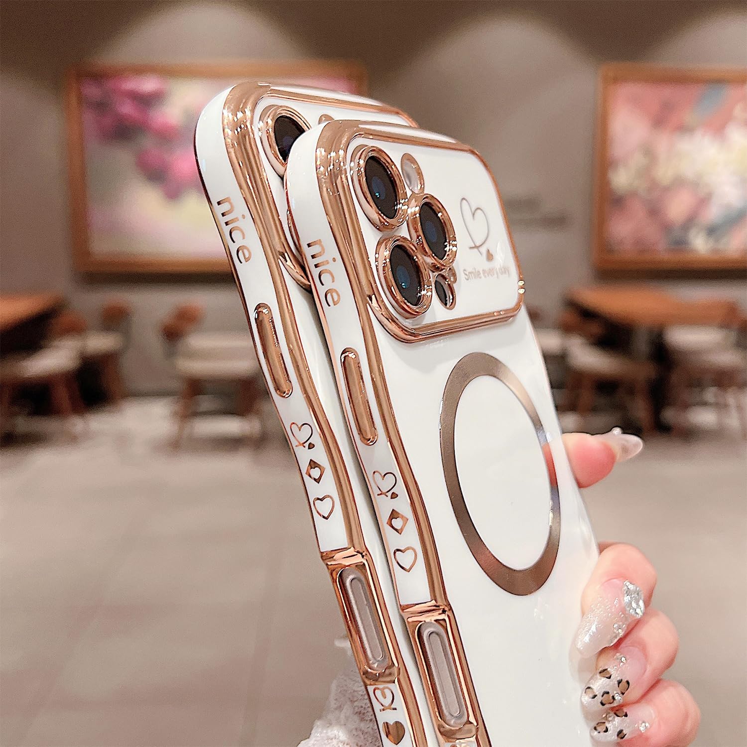 Zonrw For Iphone 16 Pro Case Magnetic,For Women Girls Soft Cute Wave Frame Curly Shape Love Heart Luxury Plating Phone Case Comp