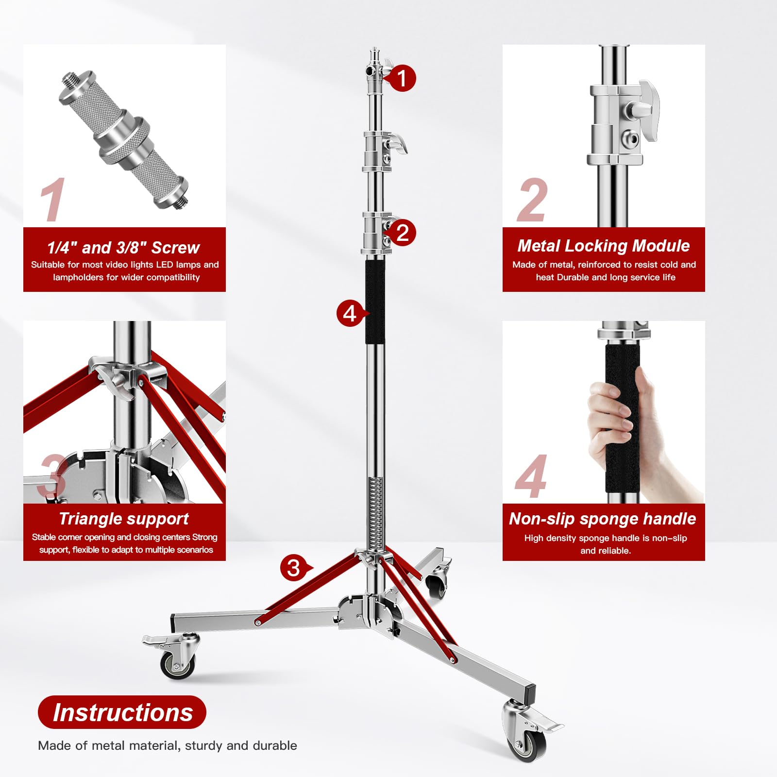 Heavy Duty Light Stand With Casters 100% Stainless Steel 30Kg/66Lb Load Bearing Adjustable 130/4.3Ft   305Cm/10Ft Photography Li