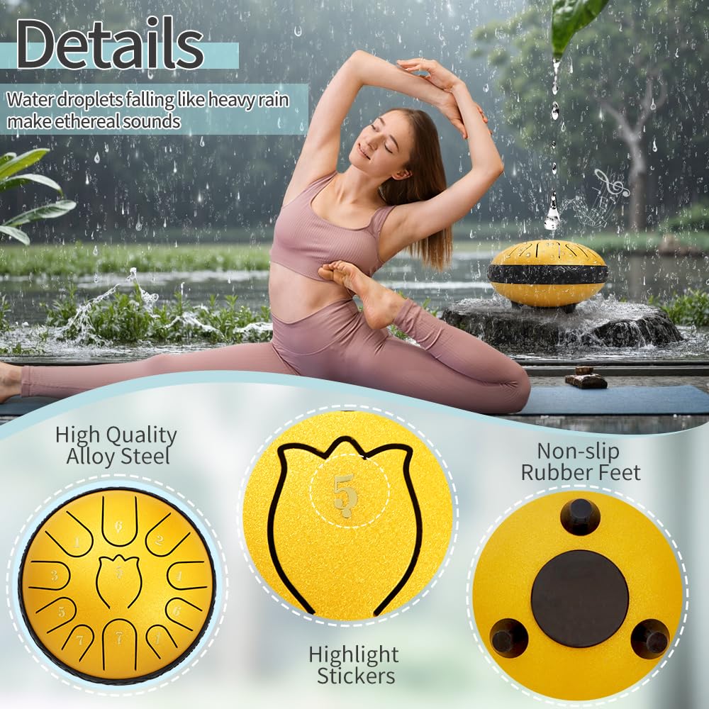 Steel Tongue Drum 6 Inche 11 Note Steel Drums Rain Chime,Raindrop Drum,Rain Drum For Outside Garden(Yellow)