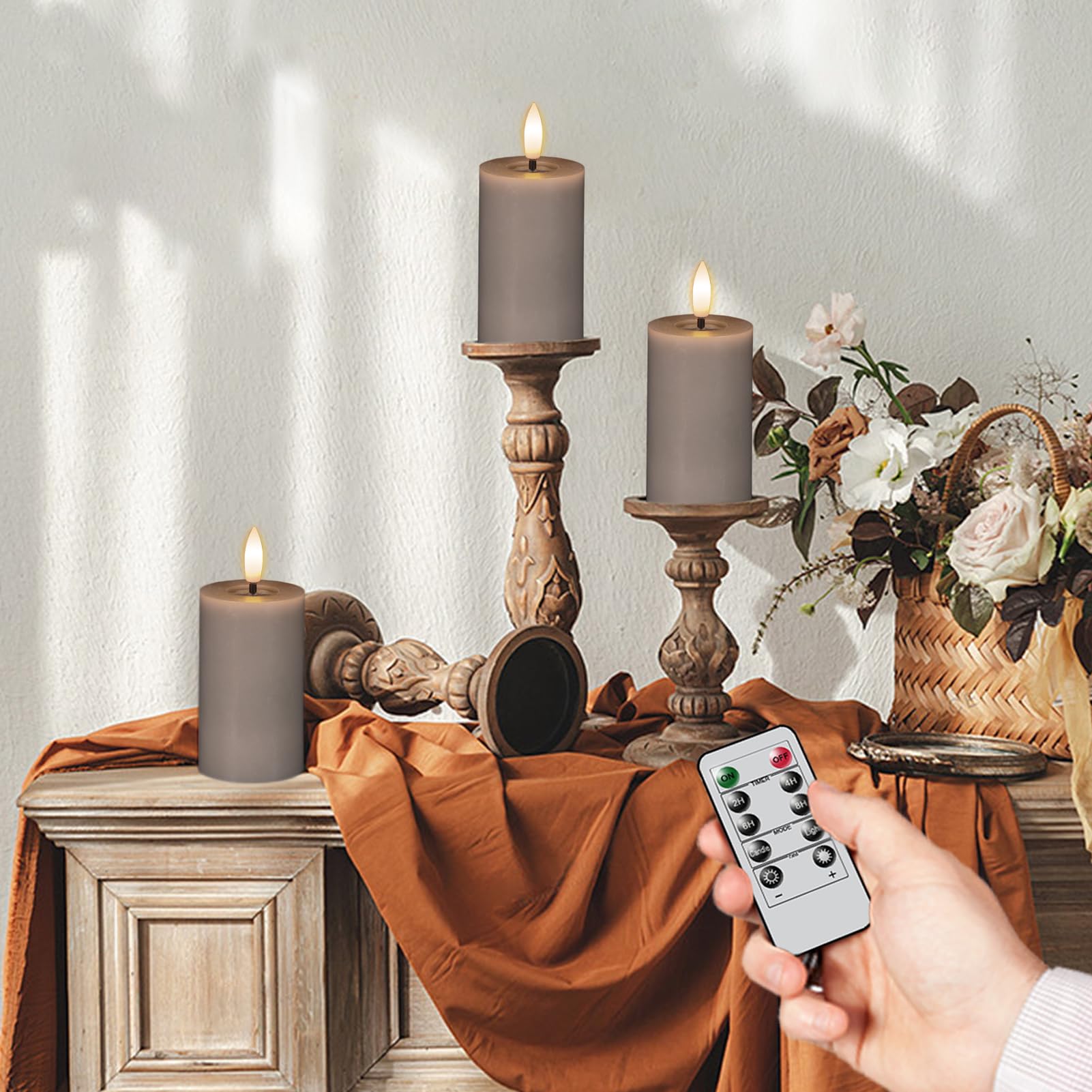 Eldnacele Flameless Pillar Flickering Led Candles Set Of 6, Remote Control And Timer, Battery Operated, Real Wax, 3D Wick, Gray,