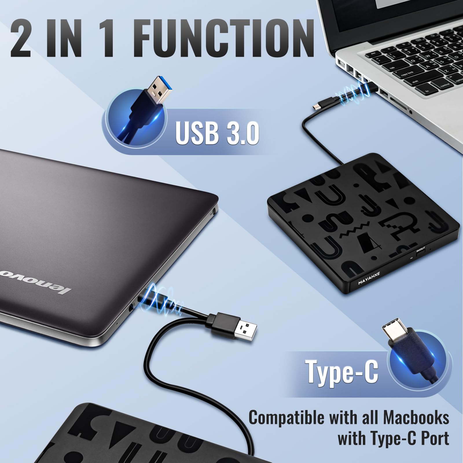 MAYAHXE External CD DVD Drive USB 3.0 Type C Portable Burner Player Reader Writer for Laptop PC BT520 Black