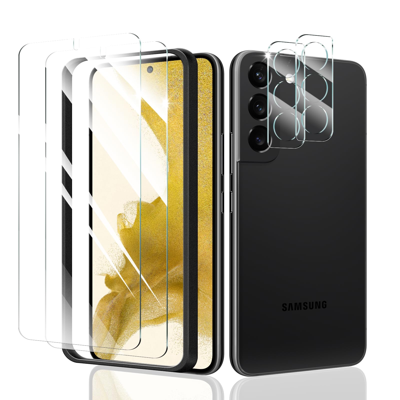 Fynorao 2*Screen Protector and 2*Camera Lens Protector for Samsung Galaxy S22 with a Installation Alignment Aid, Double Shatterp