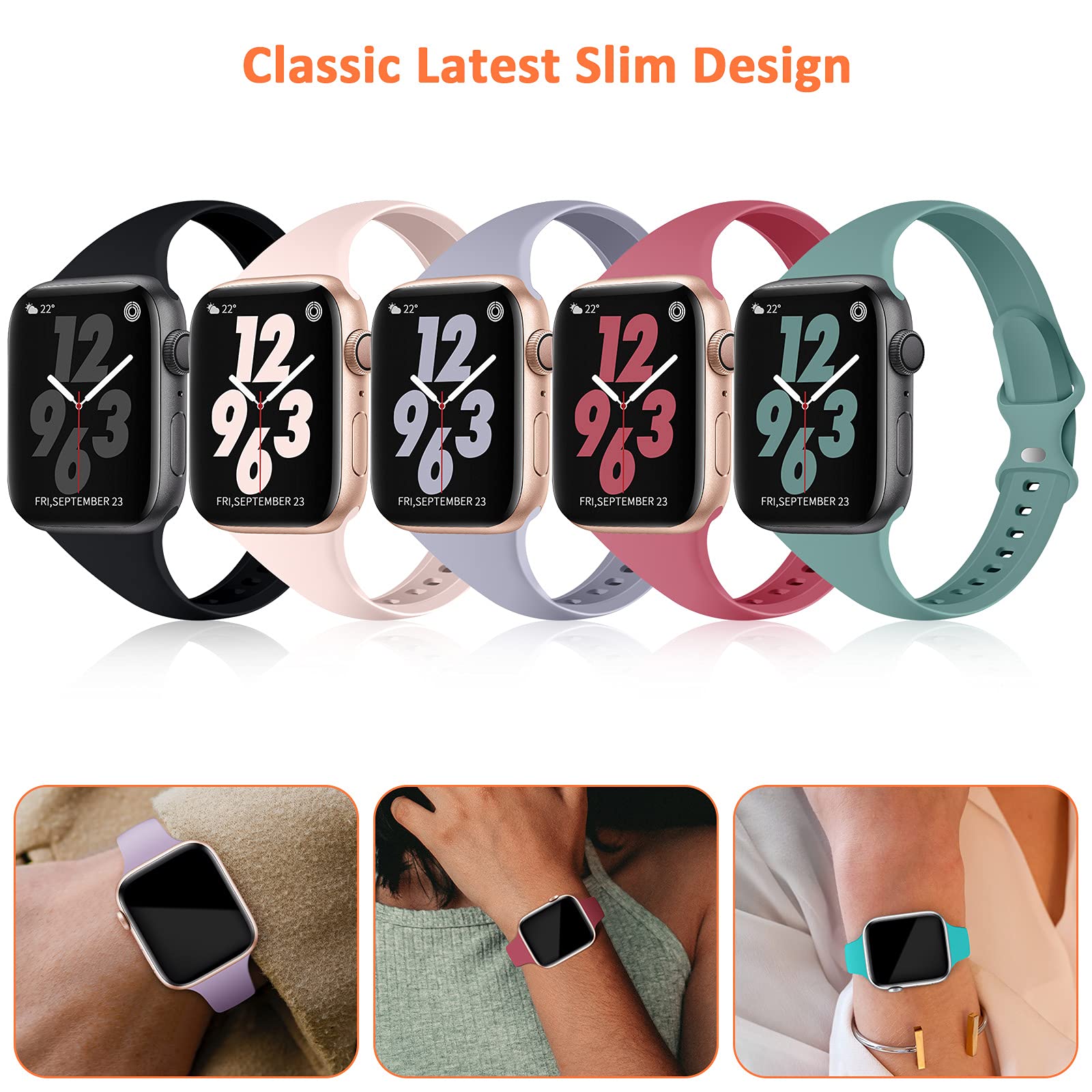 Tsaagan 5 Pack Silicone Slim Bands Compatible With Apple Watch Band 38Mm 42Mm 40Mm 44Mm 41Mm 45Mm 49Mm, Soft Narrow Sport Strap