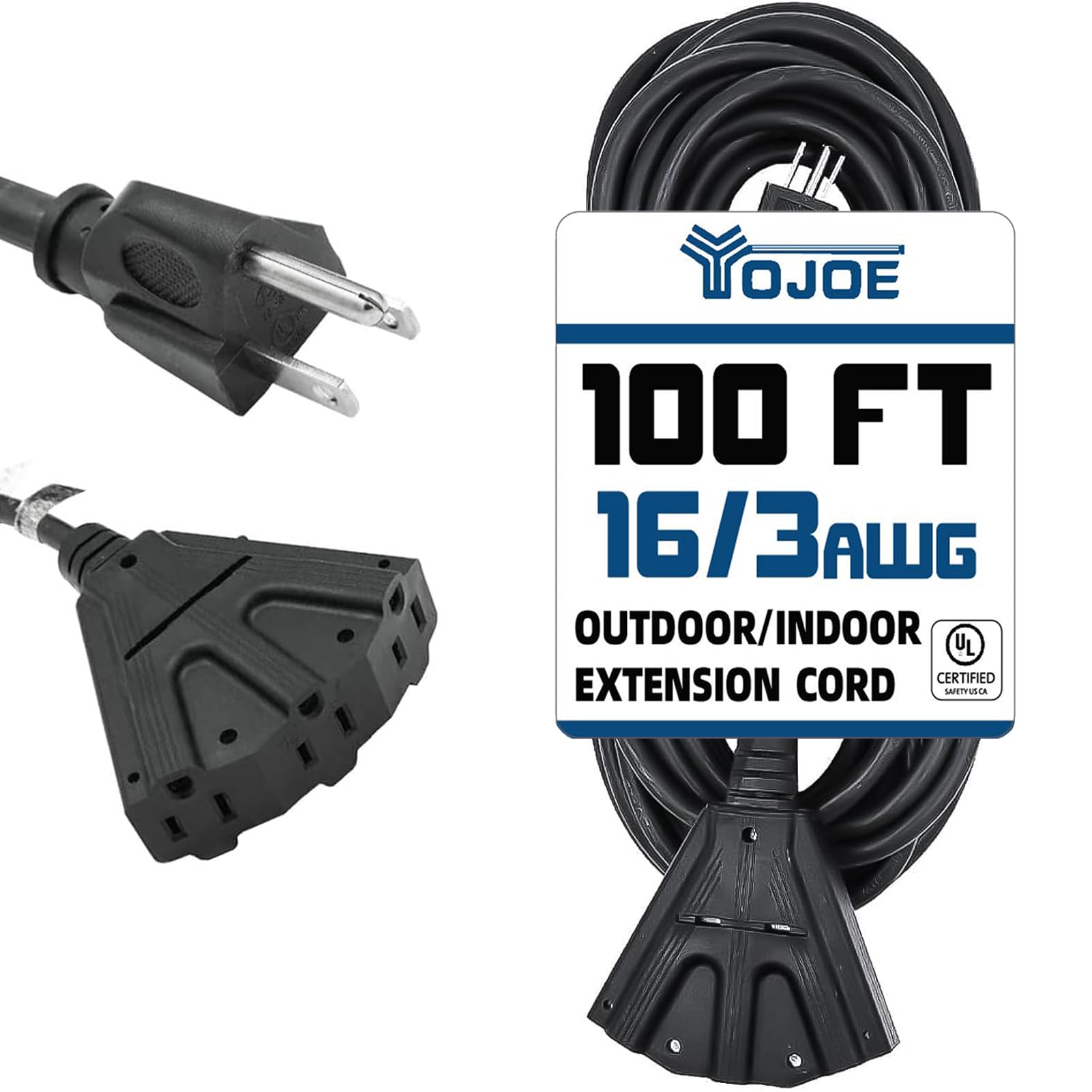Yojoe 3 Outlets Indoor Outdoor Extension Cord, 3 Prong 10A Weatherproof Power Cord Multiple Outlets, 16 Gauge Heavy Duty 100 Ft