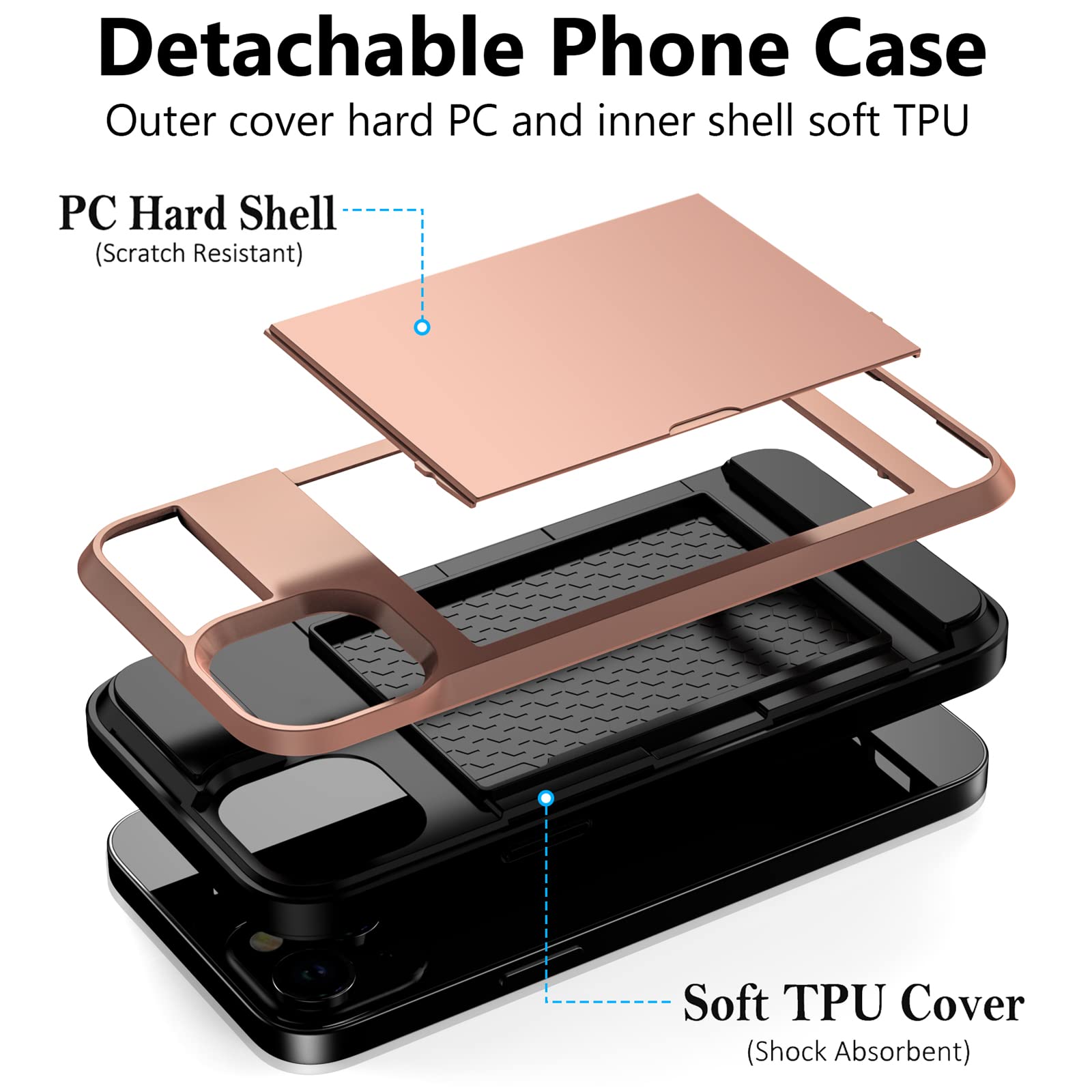 Vofolen Case Compatible With Iphone 15 With Card Holder, Dual Layer Shockproof Wallet Phone Case, Hidden Card Slot Sliding Prote