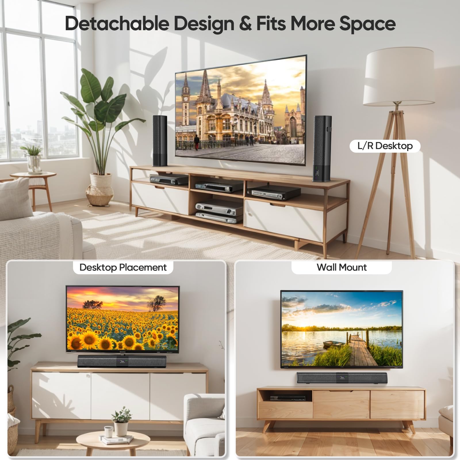 Riowois Sound Bar For Smart Tv, 2 In 1 Detachable Home Audio Soundbar Speaker,20    Sound Bar For Tv With Optical/Aux/Hdmi Arc/B