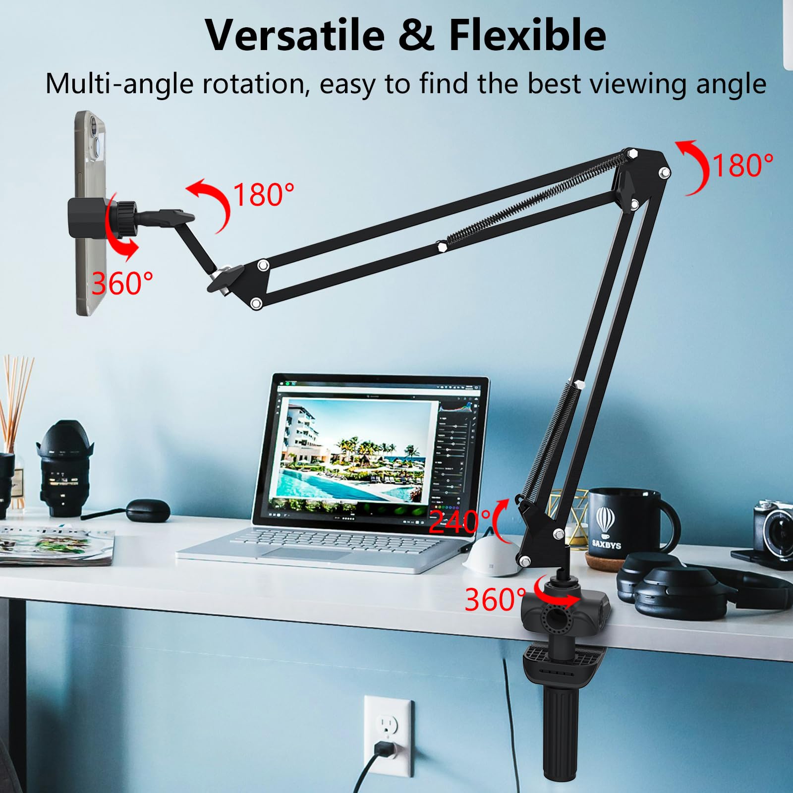 Aihome Phone Holder For Bed Laying Down, Flexible Overhead Mount Cell Phone Stand Lazy Bracket Mount Long Arms Clamp Clip For Of