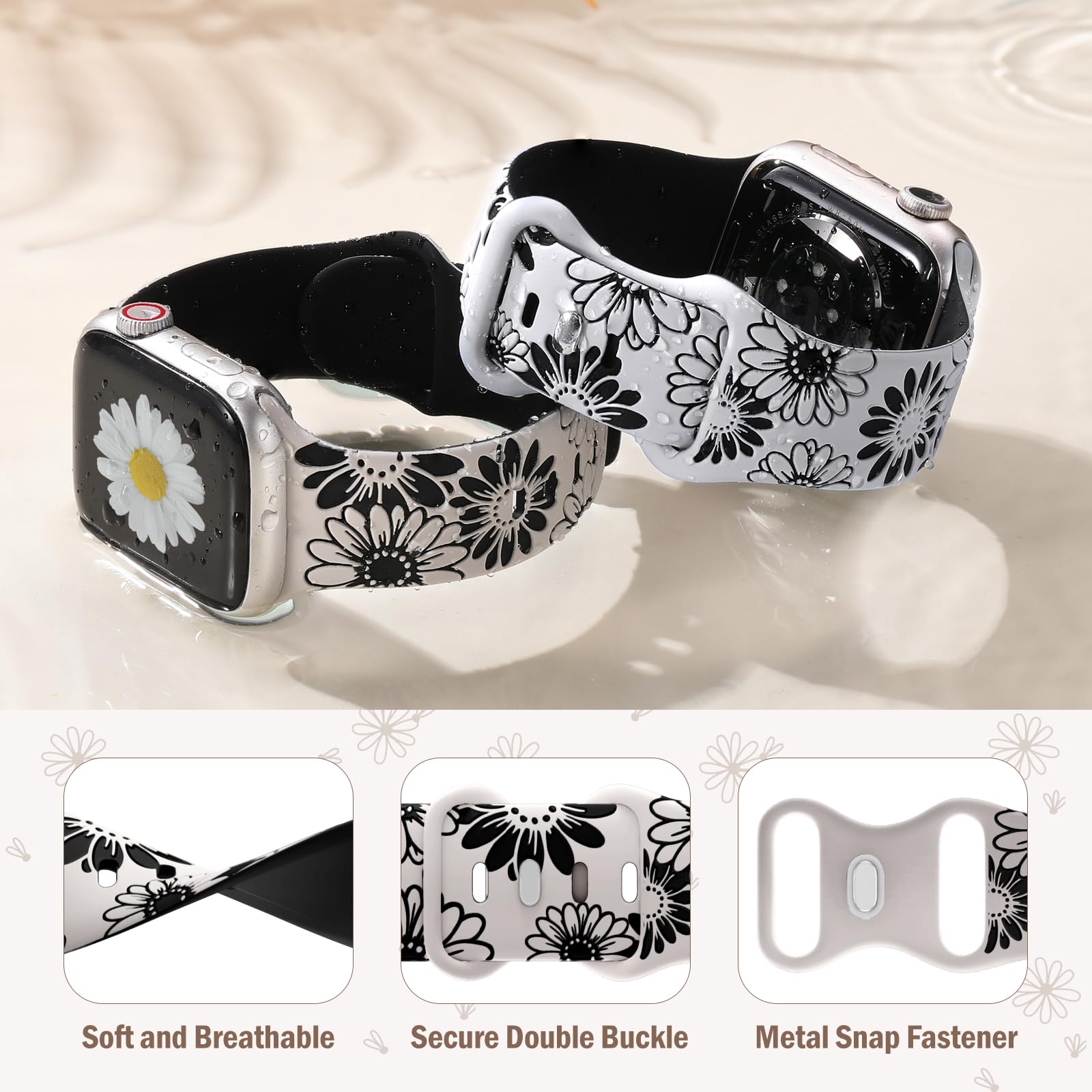 Daqin Sport Silicone Band Compatible With Apple Watch Bands 40Mm 38Mm 41Mm 44Mm 45Mm 42Mm 49Mm Women, Floral Engraved Band Water