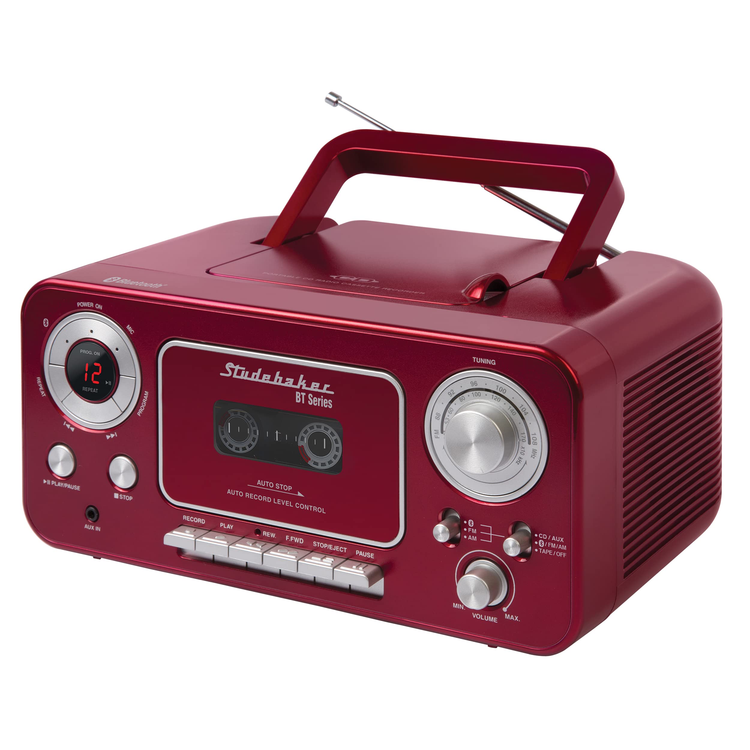 Portable Stereo Cd Player With Bluetooth, Am/Fm Stereo Radio And Cassette Player/Recorder (Red & Silver)