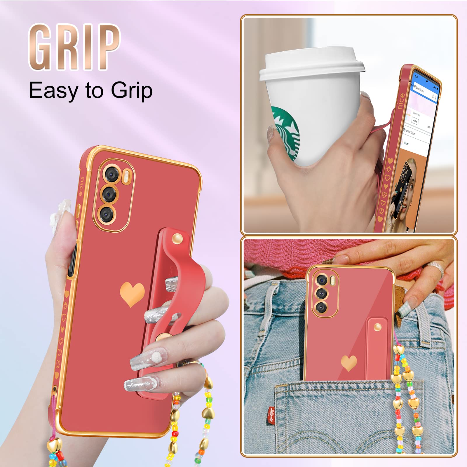 Likiyami (3In1 For Moto G 5G 2022 Case Heart For Women Girls Girly Cute Pretty With Stand Phone Cases Red And Gold Plating Love