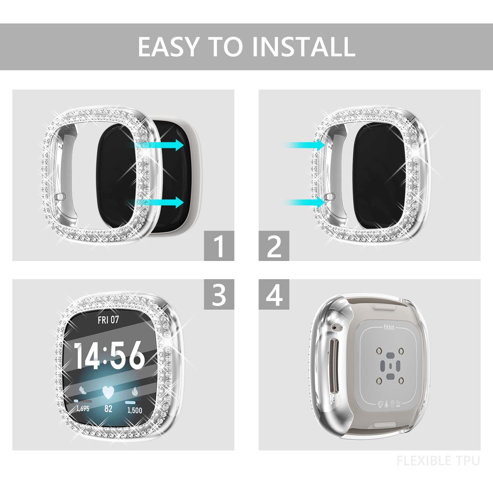 Chanchy 4 Pack Compatible With Fitbit Versa 3 Screen Protector Case, Soft Tpu Full Protective Case Cover Bumper Bling Crystal Di