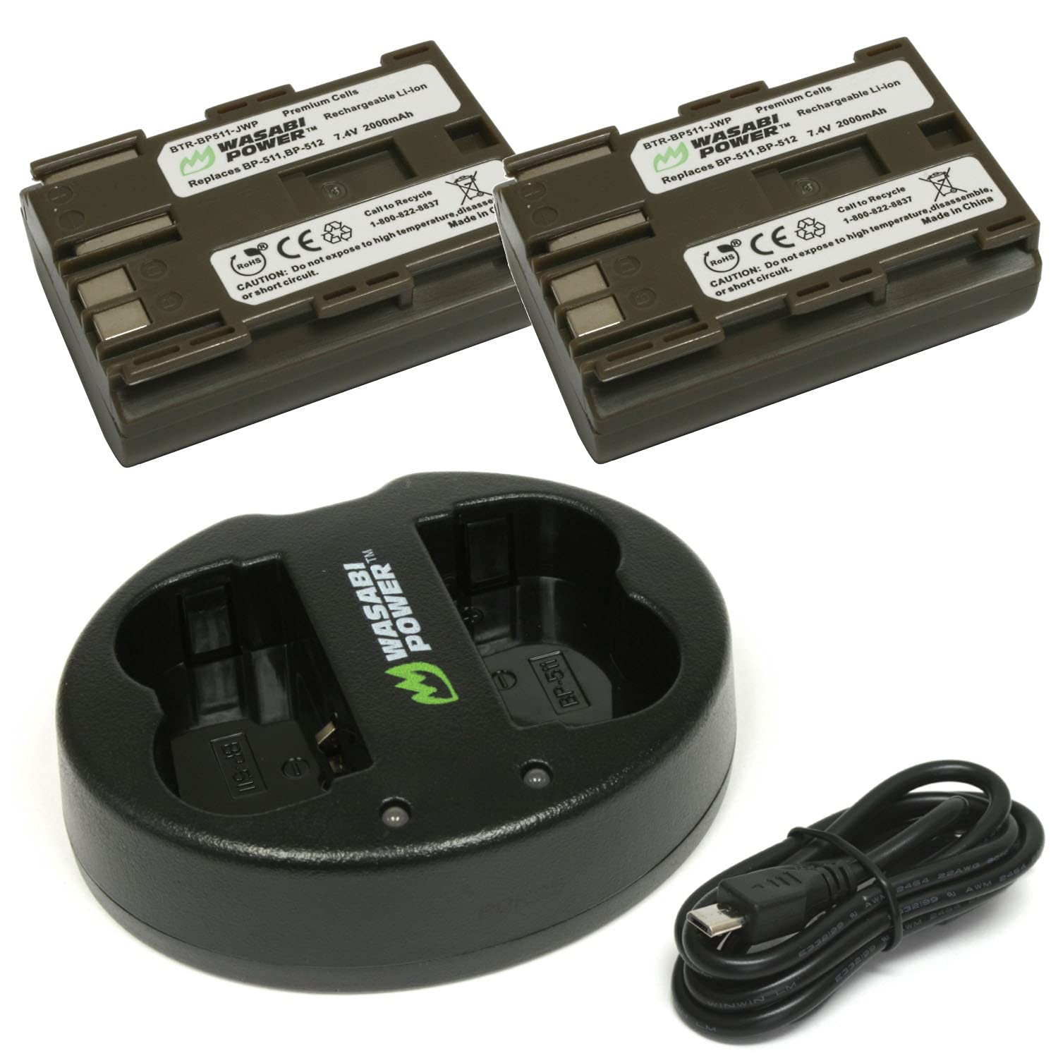 Wasabi Power Battery (2Pack) & Dual Charger for Canon BP511, BP511A, BP512, BP514N & EOS 5D, 10D, 20Da, 300D, 30D, 40D, 50D