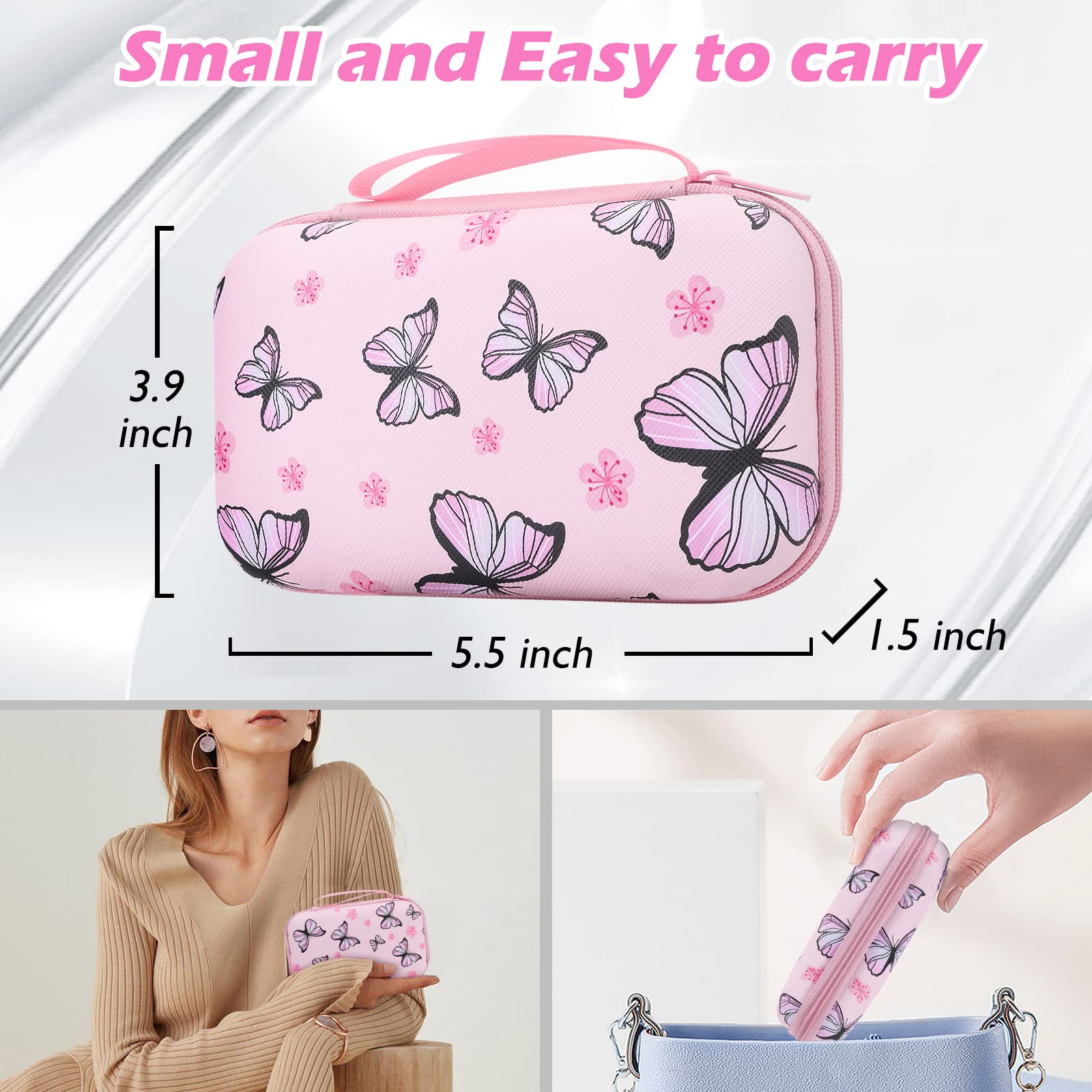 Cute Phone Charger Storage Case Cover Set Pink Butterfliy Flowers Carrying Bag With Cable Protector Cord Organizer,Cable Chomper