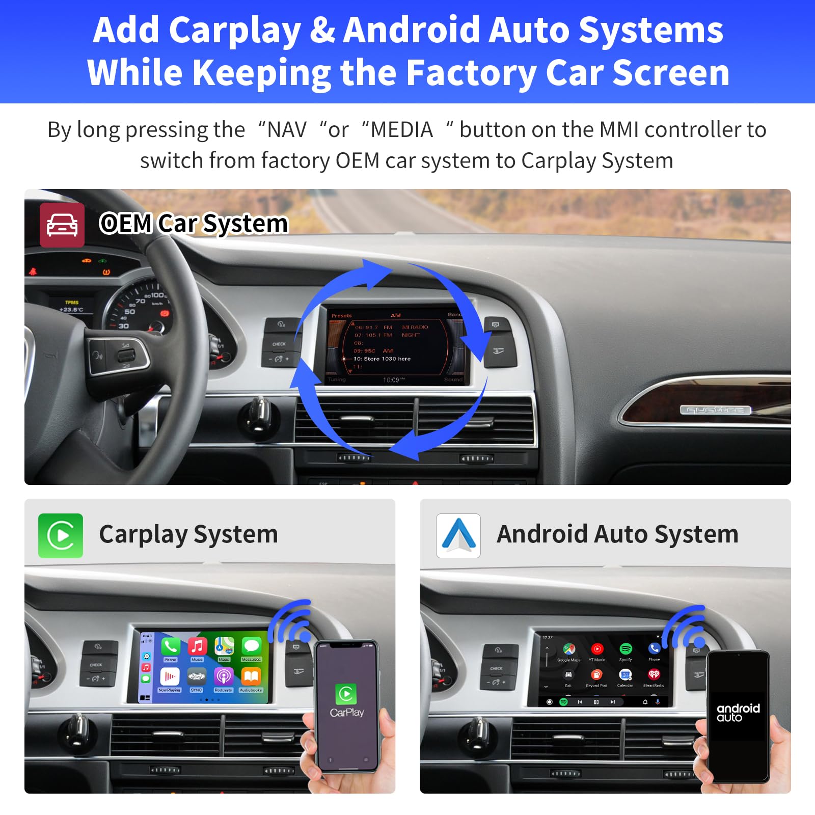 Road Top Wireless Carplay Wireless Android Auto For Audi A6 S6 (2010 2011 Year), For Audi Q7 (2010 2015 Year) With Factory Mmi 3