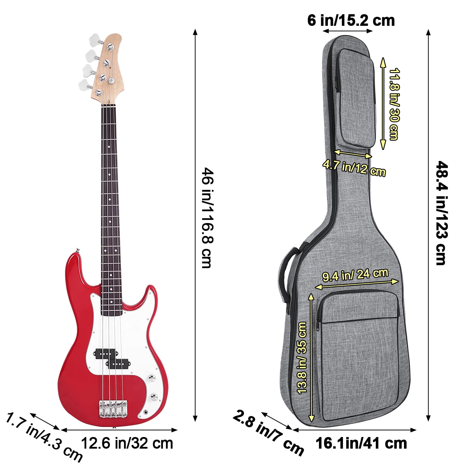 Muztop Bass Guitar Bag, 7Mm Padding Bass Guitar Gig Bag Padded Soft Electric Bass Guitar Case Backpack With Pockets, Grey