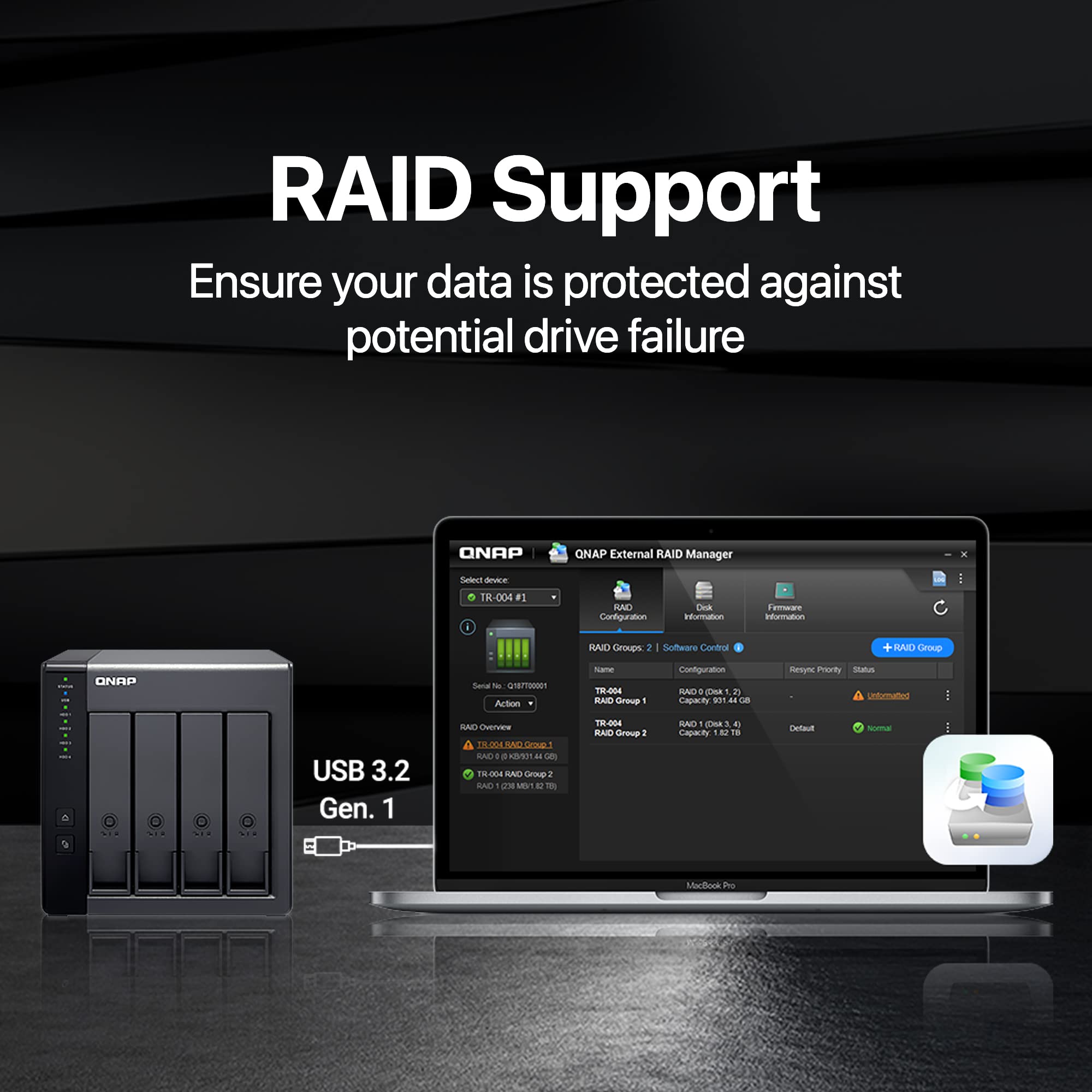 QNAP TR 004 44WD US 4 Bay DAS (USB Type C) with 12TB Storage Capacity, Preconfigured RAID 5 WD Red Plus HDD Bundle