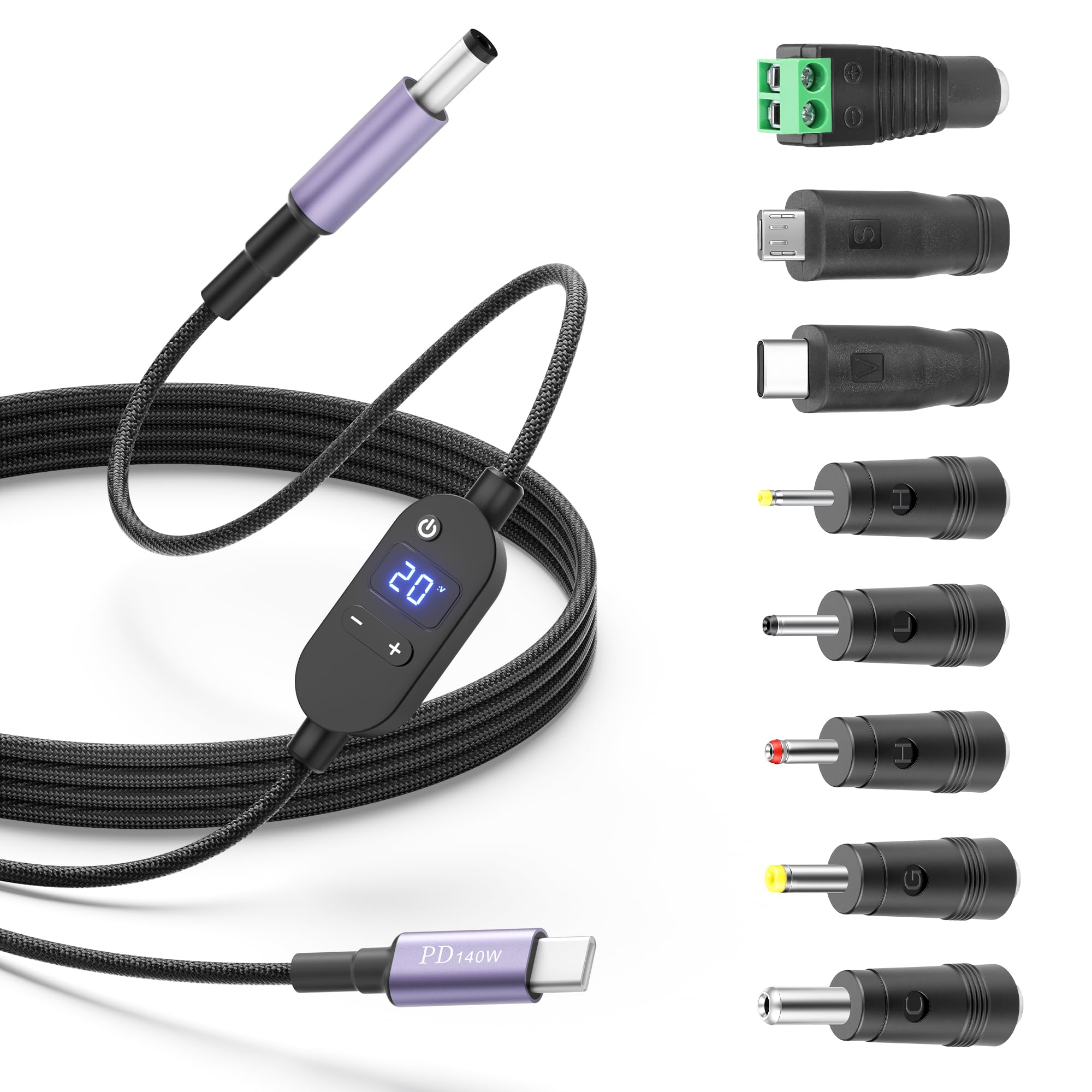 Universal USB C to DC Adapter 140W Barrel PD Trigger Cable with 8 Tips